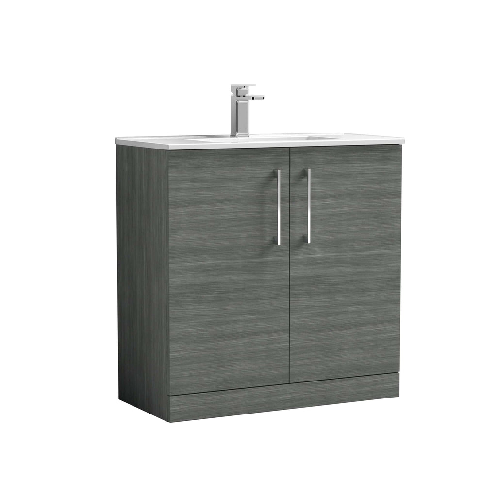 Modern grey bathroom vanity with double doors and integrated ceramic sink, perfect for contemporary bathroom decor. Features sleek handles and ample storage space for bathroom essentials.