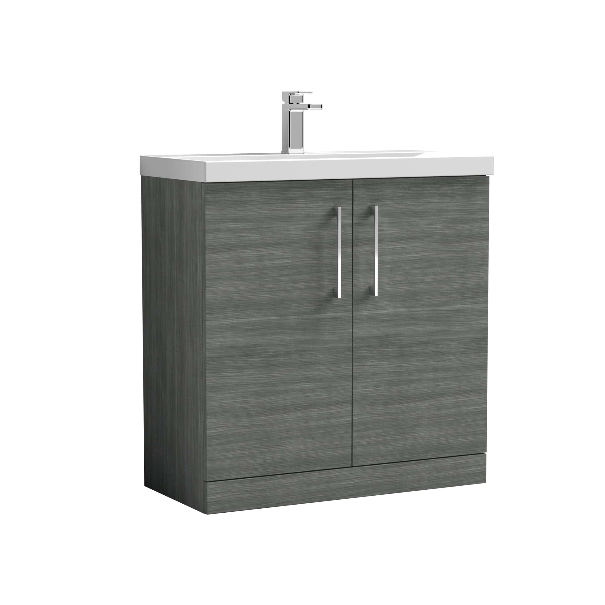 Modern bathroom vanity with grey wood finish and white sink, featuring sleek handles and a chrome faucet, ideal for contemporary bathroom interiors.