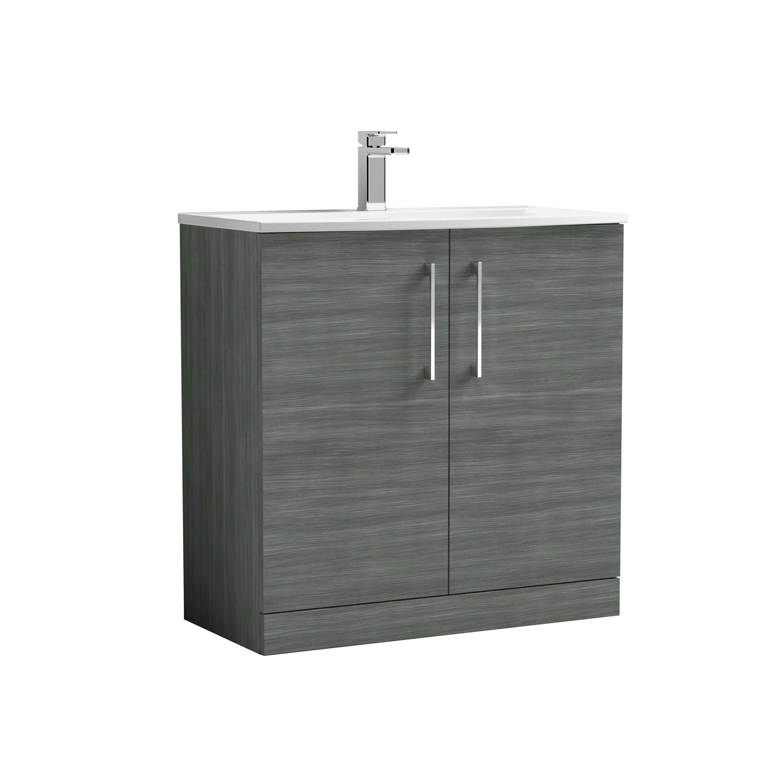 Modern grey bathroom vanity cabinet with integrated sink and chrome faucet, ideal for contemporary bathroom designs and storage solutions.