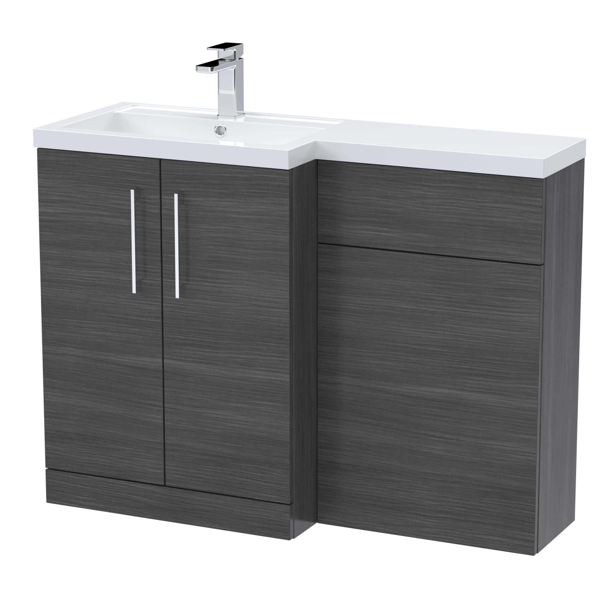 Modern bathroom vanity with a white ceramic sink and sleek dark wood finish cabinetry. Features contemporary silver handles and ample storage space, perfect for stylish bathroom organisation.