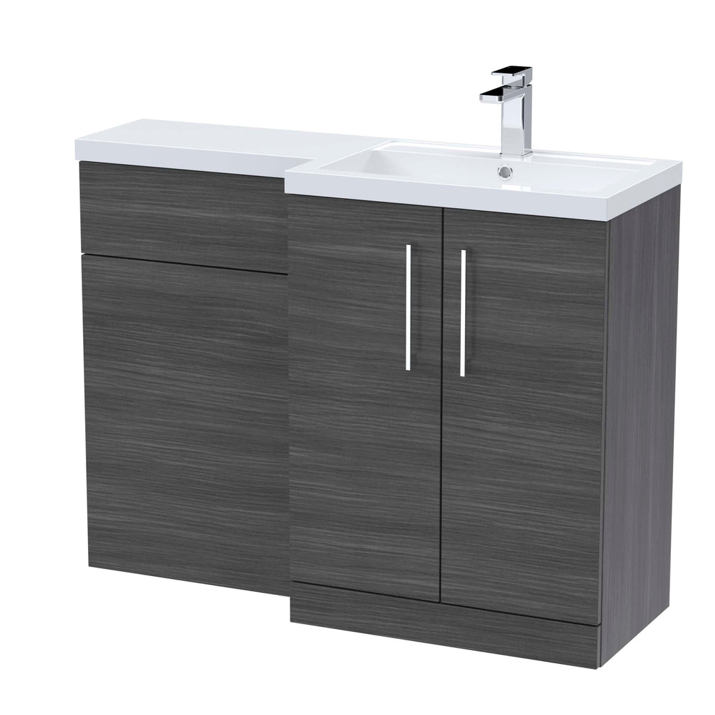 Sleek grey bathroom vanity unit with integrated sink and chrome tap, modern storage solution for stylish bathrooms.