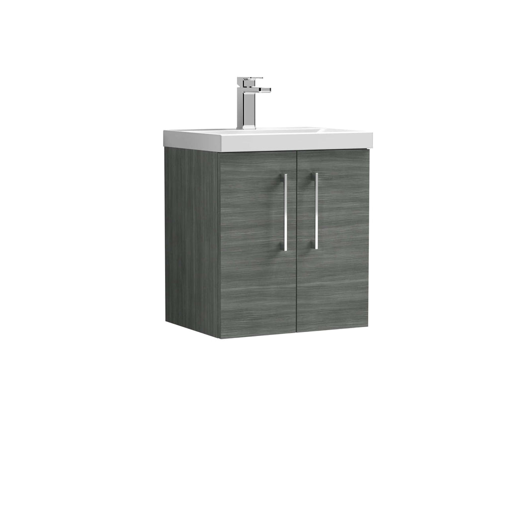 Modern grey bathroom vanity unit with integrated sink and chrome handles, perfect for stylish bathroom storage solutions.