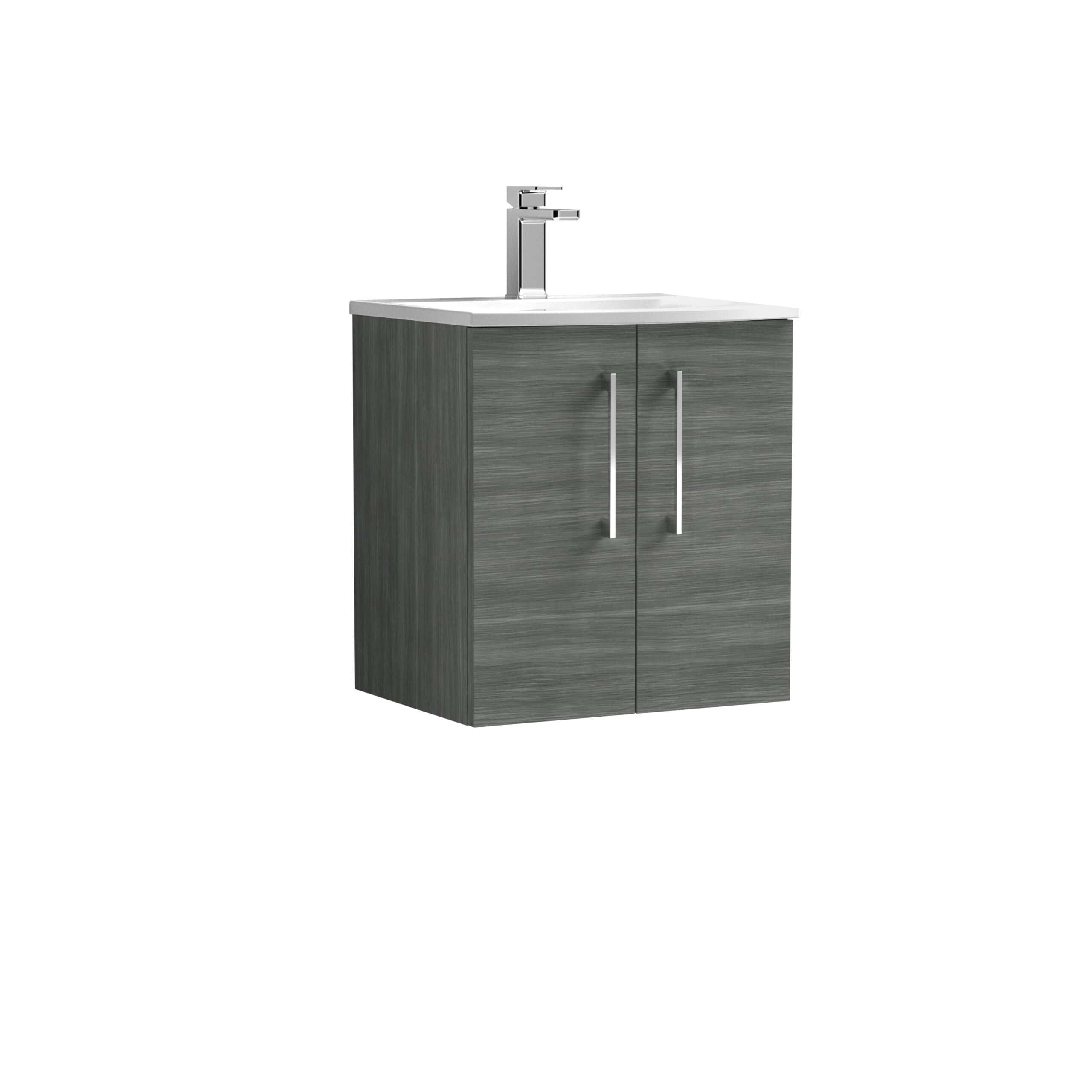 Modern grey bathroom vanity with integrated sink and chrome faucet, ideal for contemporary bathroom designs. Durable wood finish with sleek handles for easy access. Perfect for enhancing bathroom functionality and style.