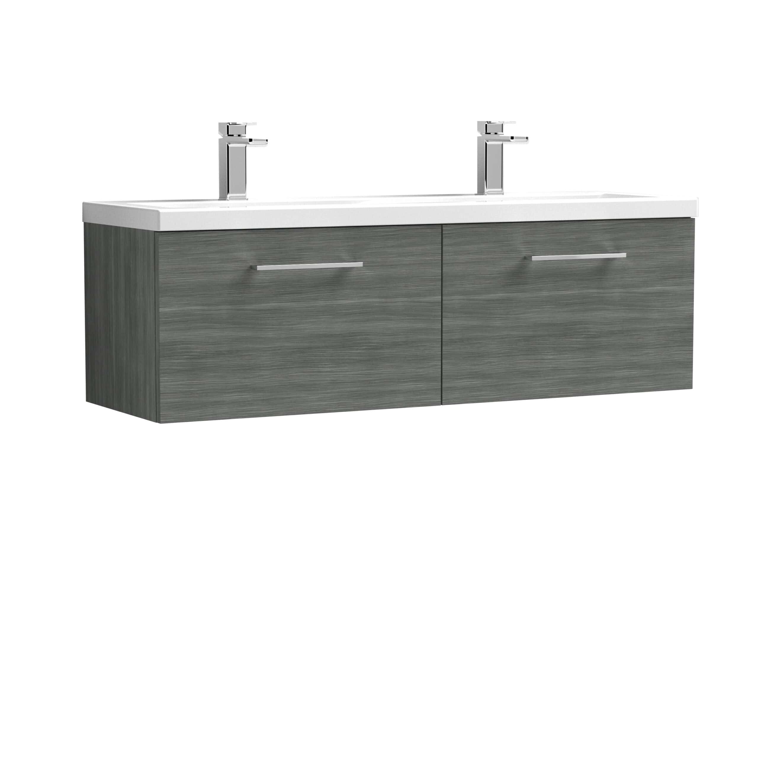 Contemporary double bathroom vanity unit with sleek grey wood finish and modern chrome handles, featuring two integrated sinks and dual faucets, ideal for stylish and functional bathroom decor.