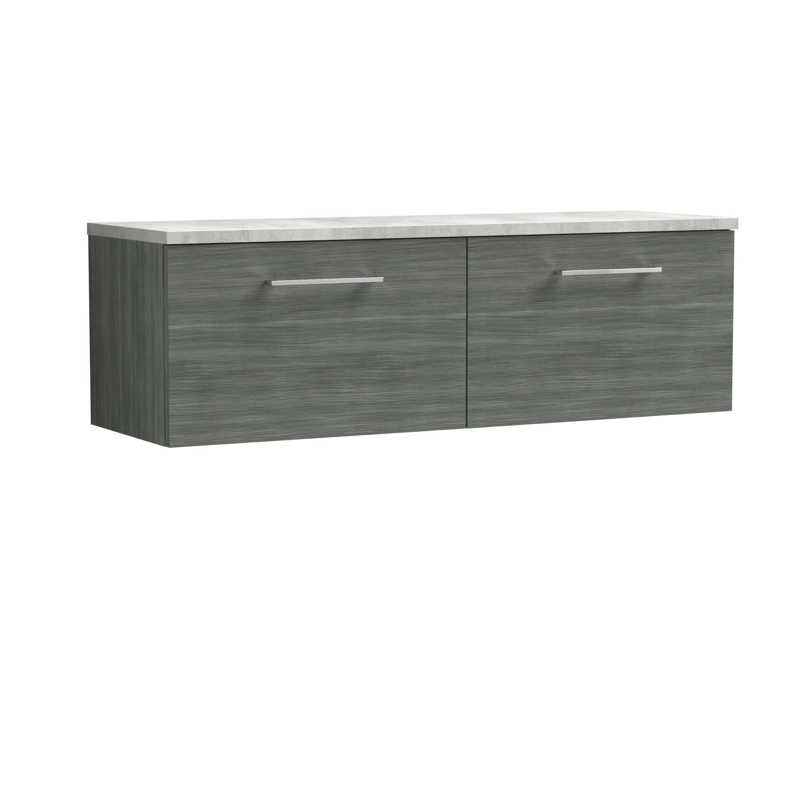 Sleek grey bathroom vanity unit with a marble-effect countertop and modern chrome handles, ideal for contemporary bathroom remodels and storage solutions.