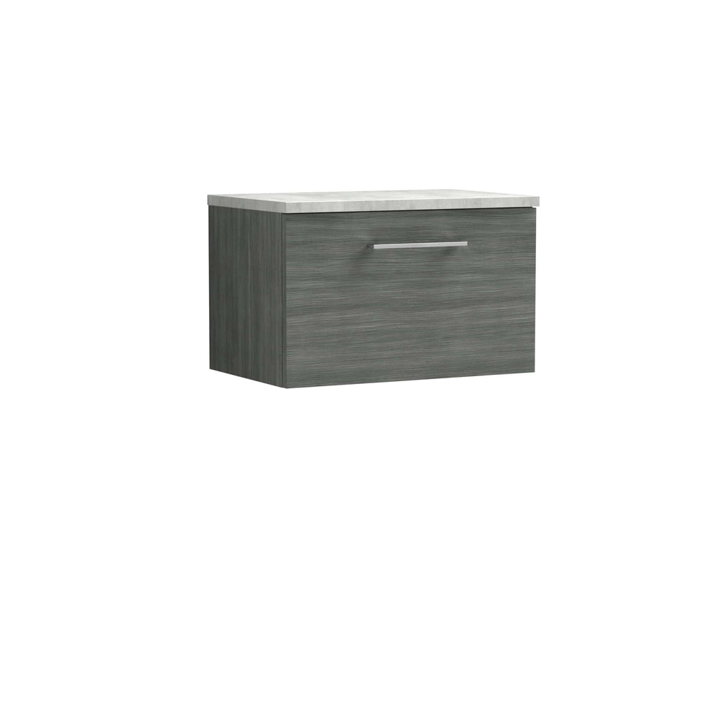Modern grey bathroom wall cabinet with a white marble top for stylish bathroom storage solutions.