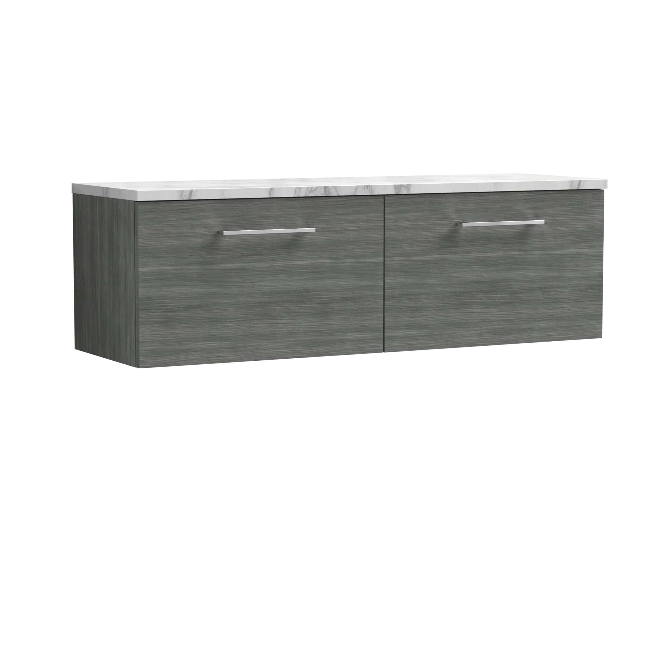 Sleek grey bathroom vanity with a white marble top, modern handle design, perfect for contemporary bathroom decor. Durable wood finish, ample storage space, stylish and functional.