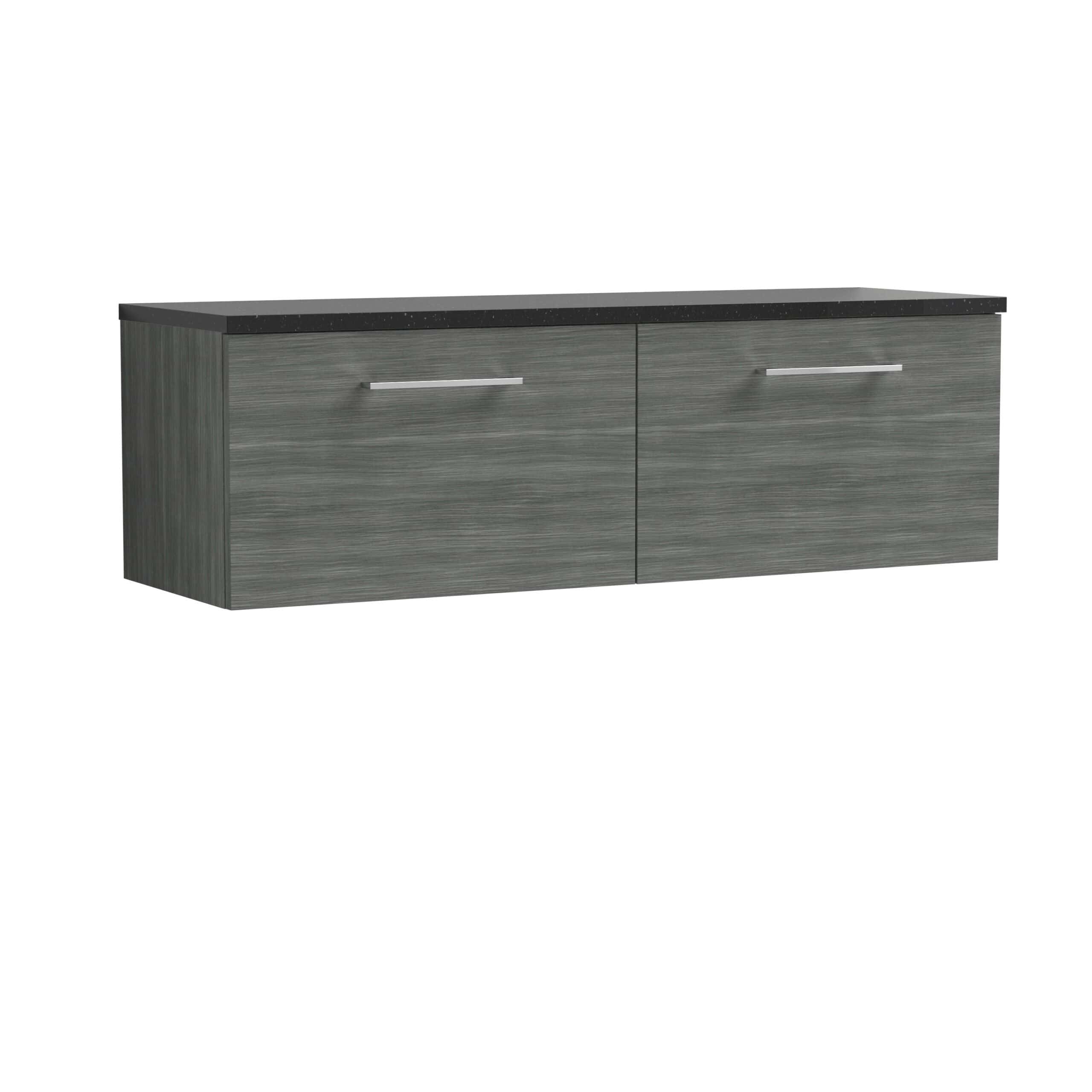 Sleek grey bathroom vanity with a black countertop, modern silver handles, designed for contemporary bathroom interiors. Perfect for storage and style in bathroom remodels or upgrades.