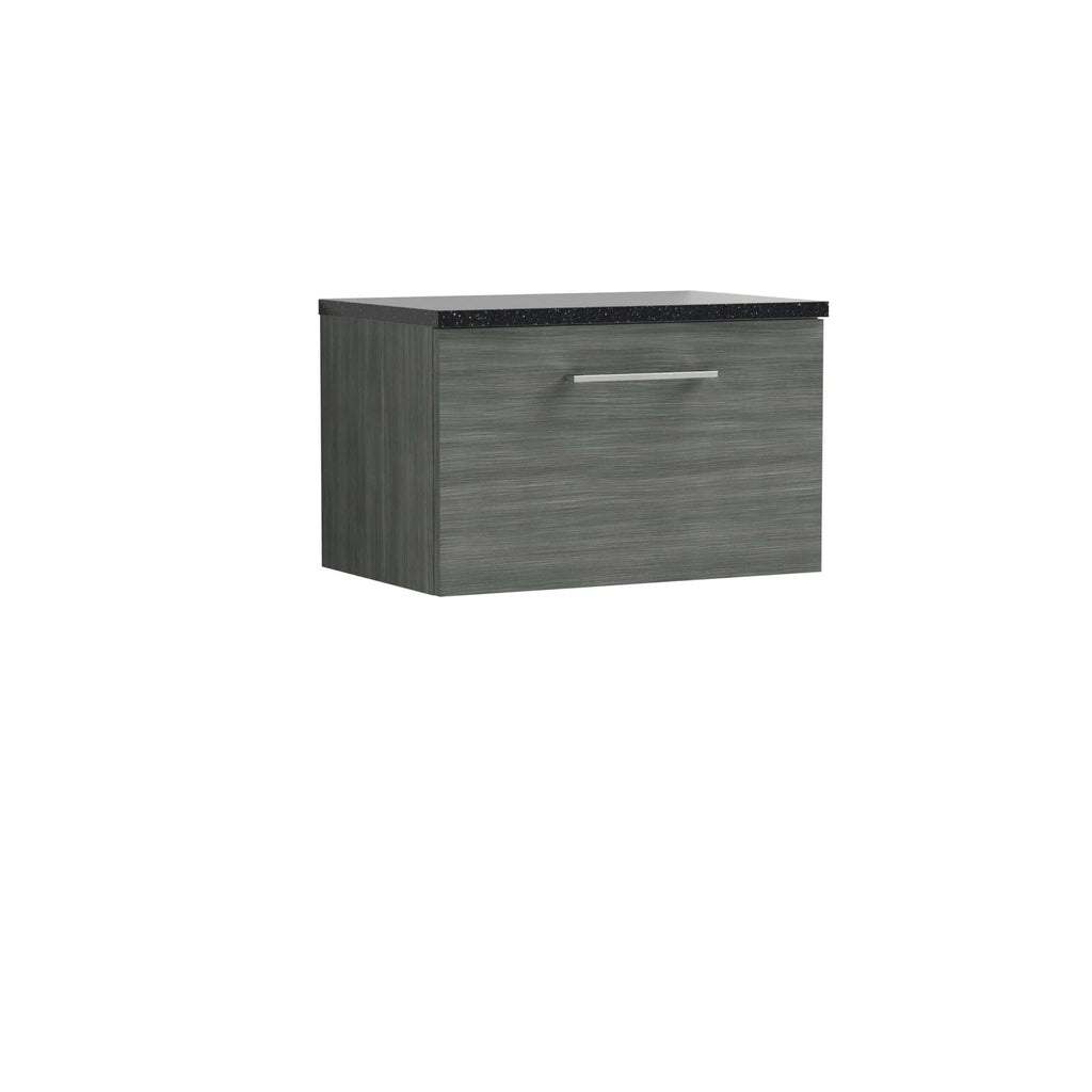 Contemporary grey bathroom vanity with sleek handle and black granite countertop, ideal for modern bathroom storage solutions. Perfect combination of style and functionality.