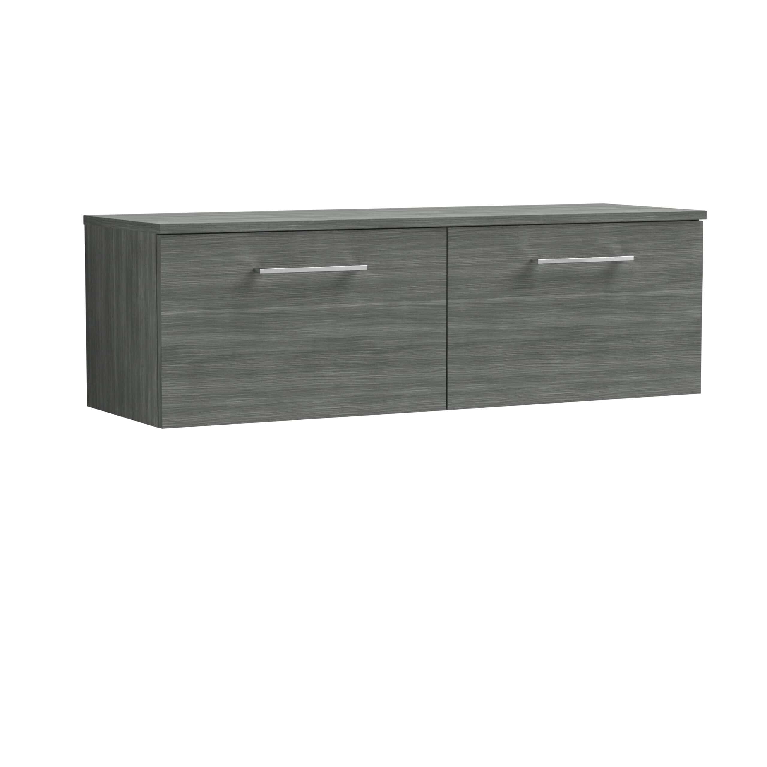 Modern grey bathroom storage unit with sleek metal handles, ideal for contemporary bathroom designs, offering ample storage space for toiletries and towels.