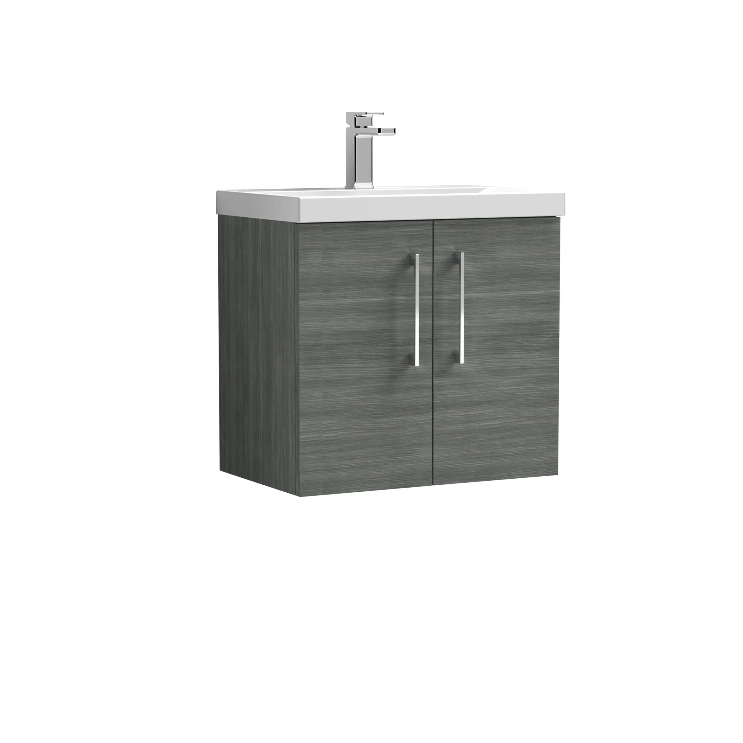 Modern grey bathroom vanity with white ceramic sink and chrome faucet, ideal for contemporary bathroom decor. Durable wood finish with spacious storage cupboards for bathroom essentials.