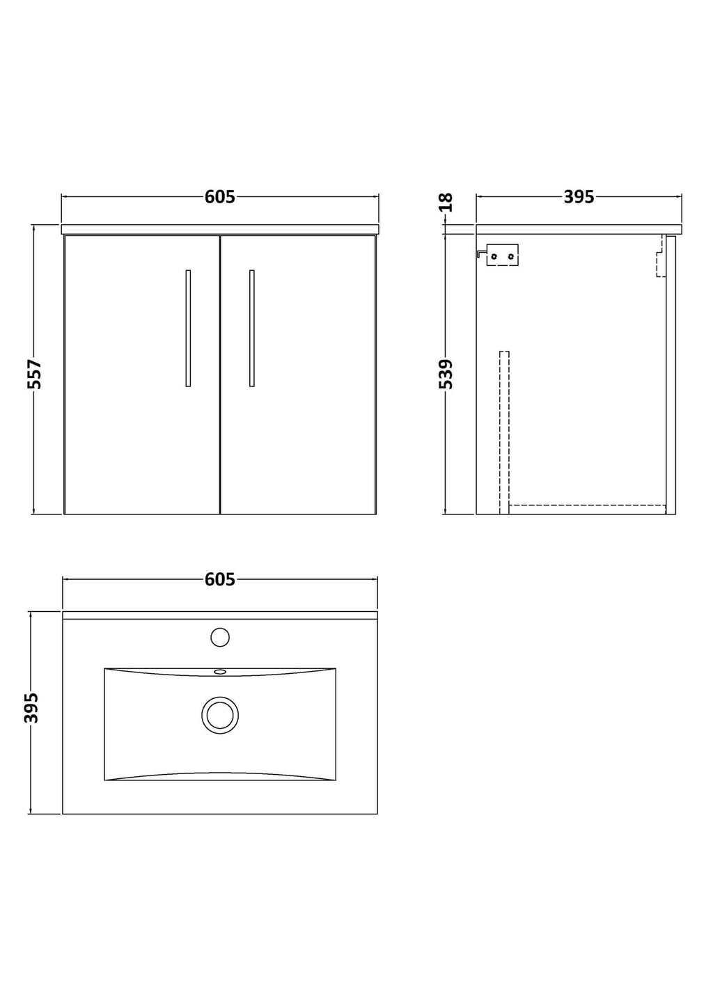 Sleek modern bathroom cabinet with double doors, dimensions 605mm wide by 557mm high, ideal for bathroom storage solutions.