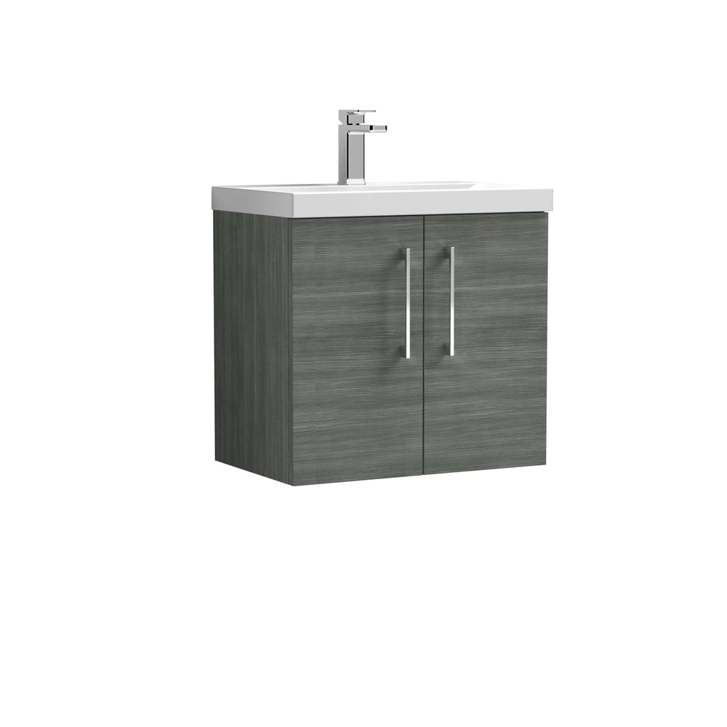 Compact bathroom vanity unit with a modern grey wood finish and integrated sink, perfect for contemporary bathrooms seeking smart storage solutions.