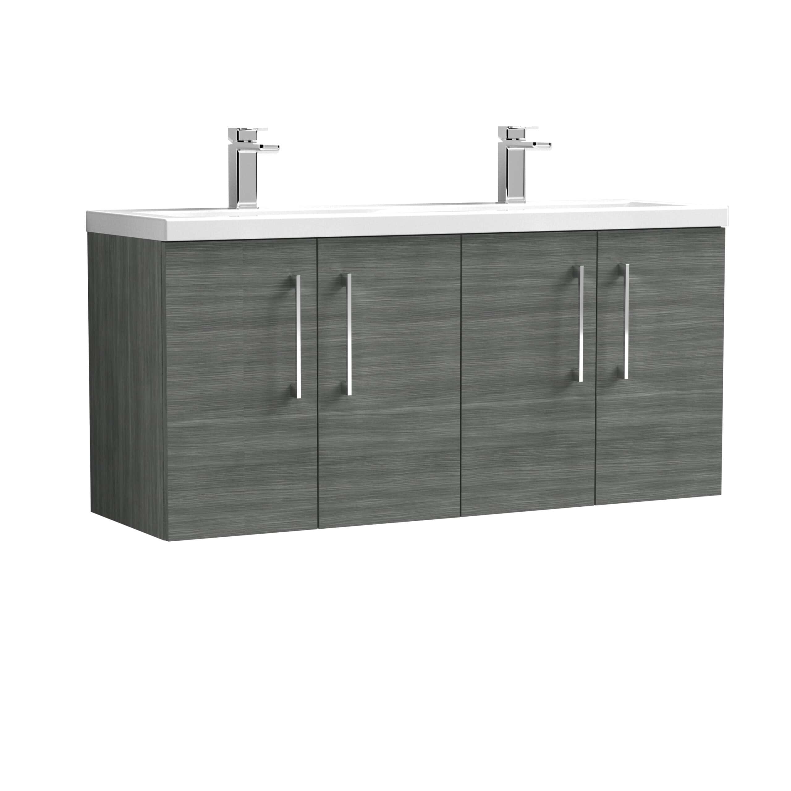Modern grey bathroom vanity unit with two sinks and chrome handles, ideal for contemporary bathroom designs. Durable wood finish with spacious storage cabinets. Perfect for stylish and functional bathroom setups.
