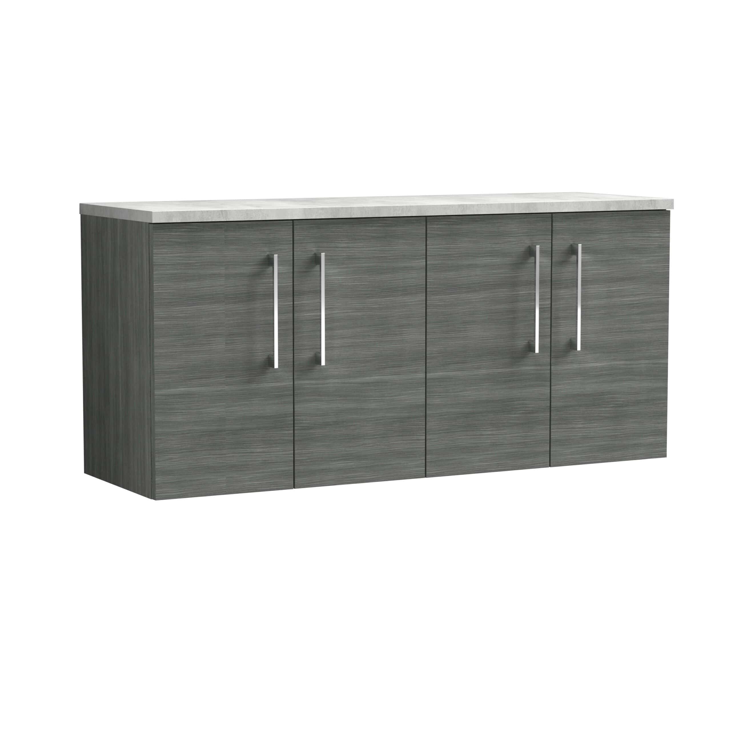Modern grey bathroom storage cabinet with sleek metal handles and a marble-effect countertop, perfect for enhancing organisation and style in contemporary bathrooms.