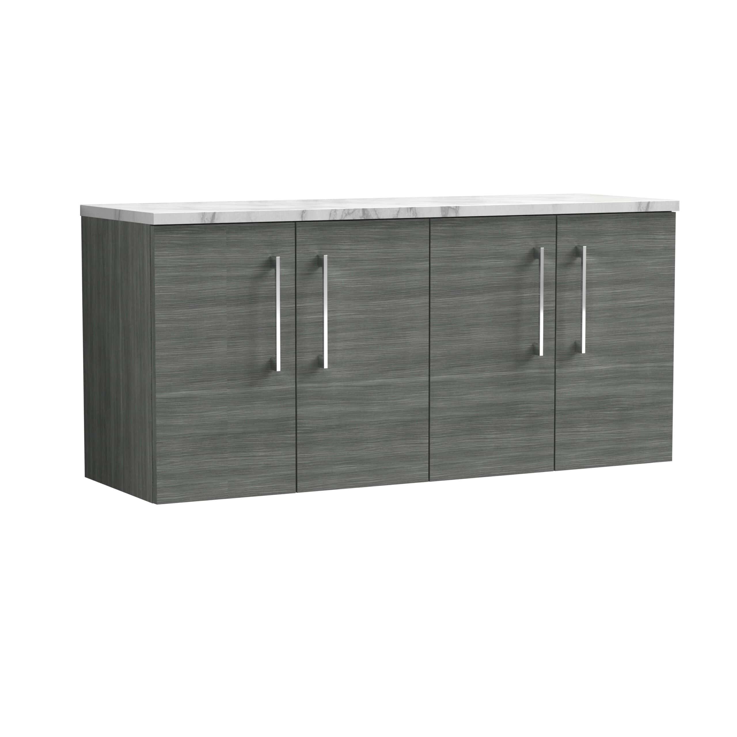 Sleek grey bathroom cabinet with modern chrome handles and a white marble top, ideal for contemporary bathroom storage solutions.