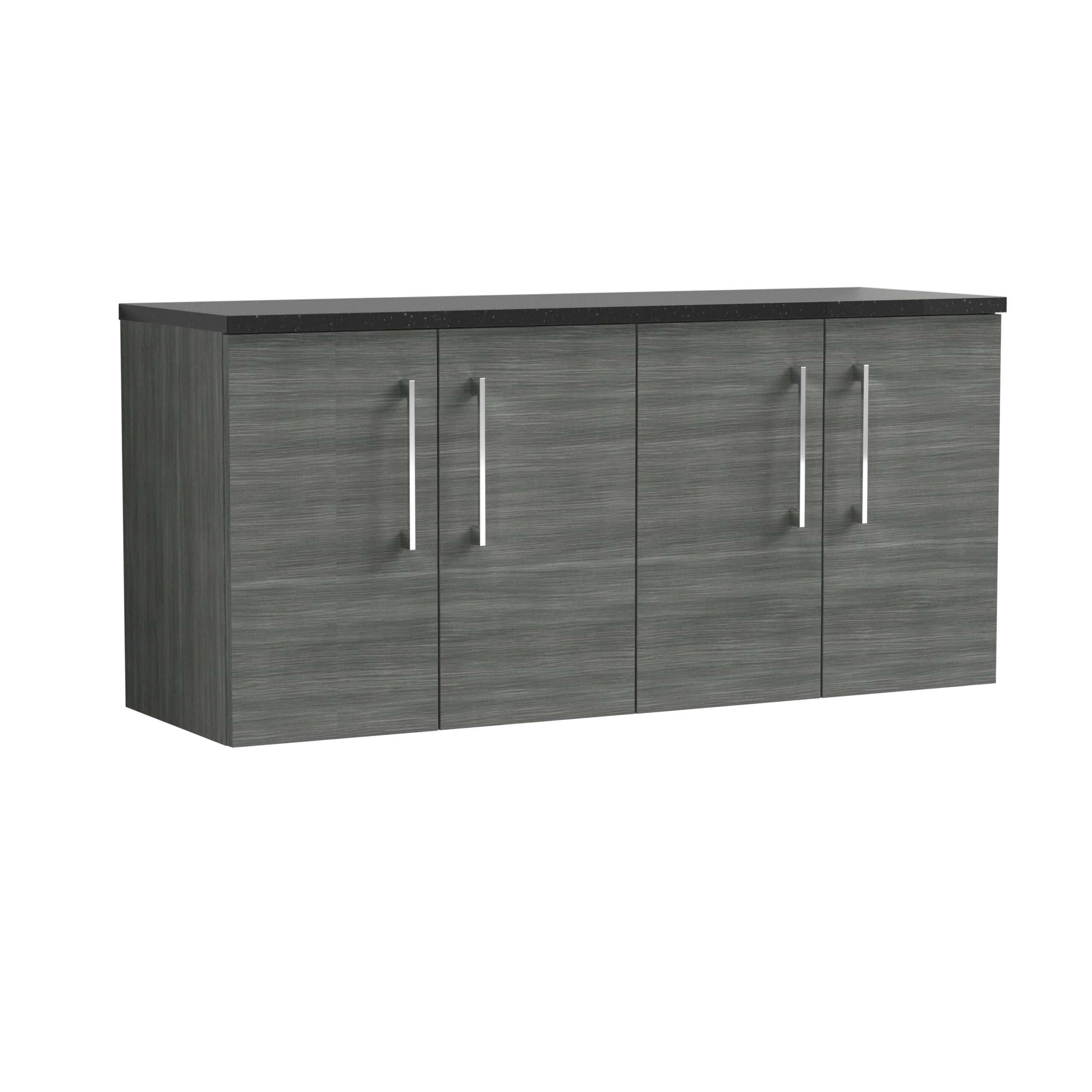 Sleek grey bathroom storage cabinet with black countertop, modern design, and vertical chrome handles, ideal for enhancing organisation and style in contemporary bathrooms.