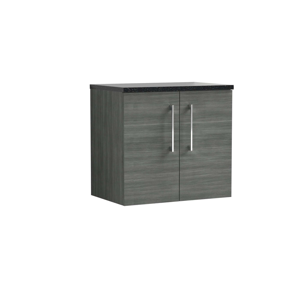 Sleek grey bathroom storage cabinet with a black countertop, modern silver handles, and wood grain finish, ideal for contemporary bathroom decor.