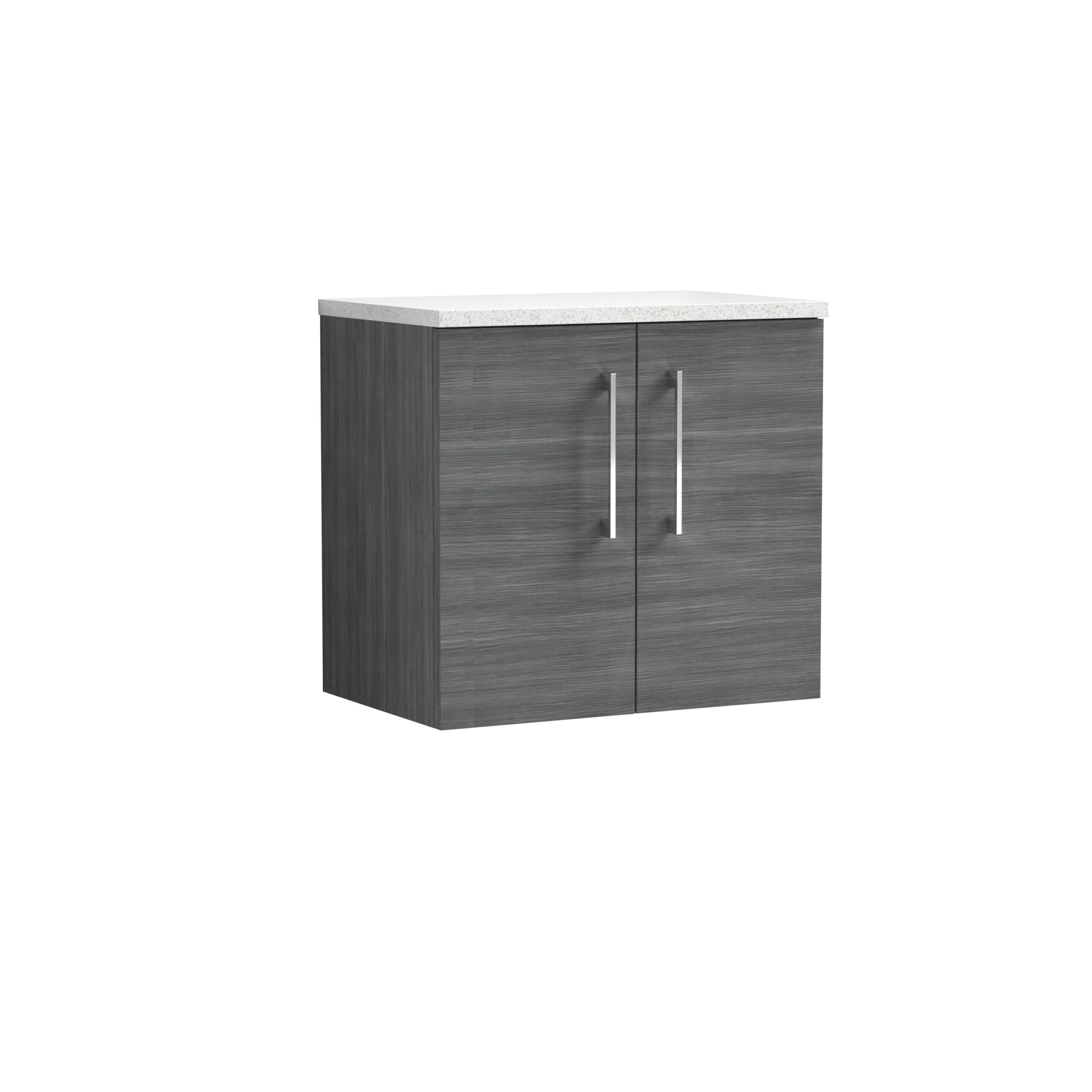 Modern grey bathroom vanity with white speckled countertop, sleek double doors with silver handles, perfect for contemporary bathroom designs.