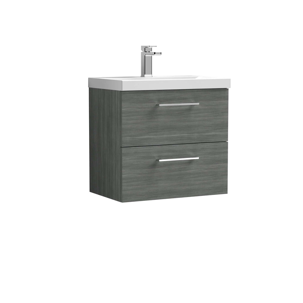 Modern grey bathroom vanity with integrated sink and chrome handles for contemporary bathroom decor.