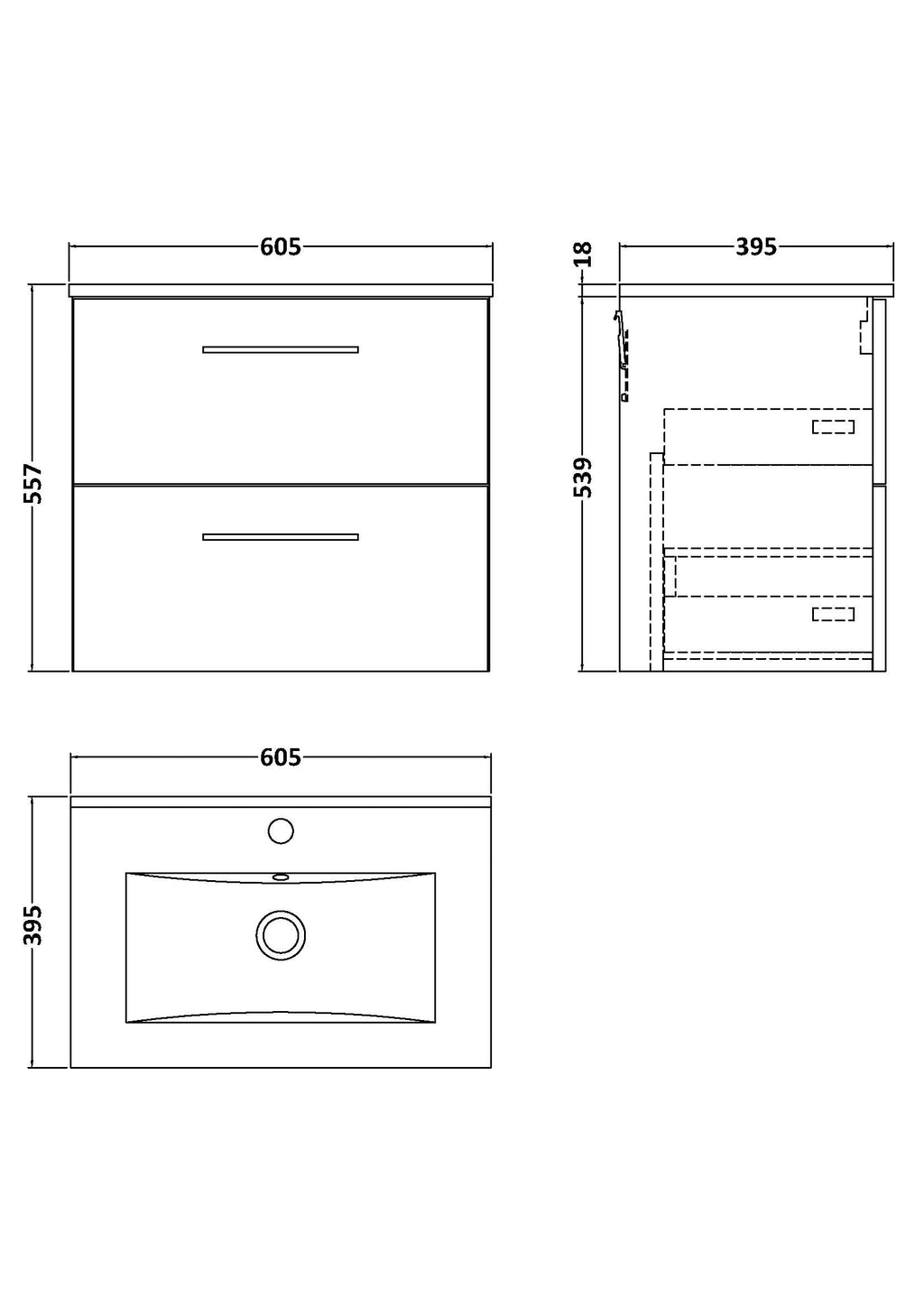 Sleek modern bathroom vanity with dual drawers, contemporary handles, and precise dimensions, ideal for stylish bathroom storage solutions.