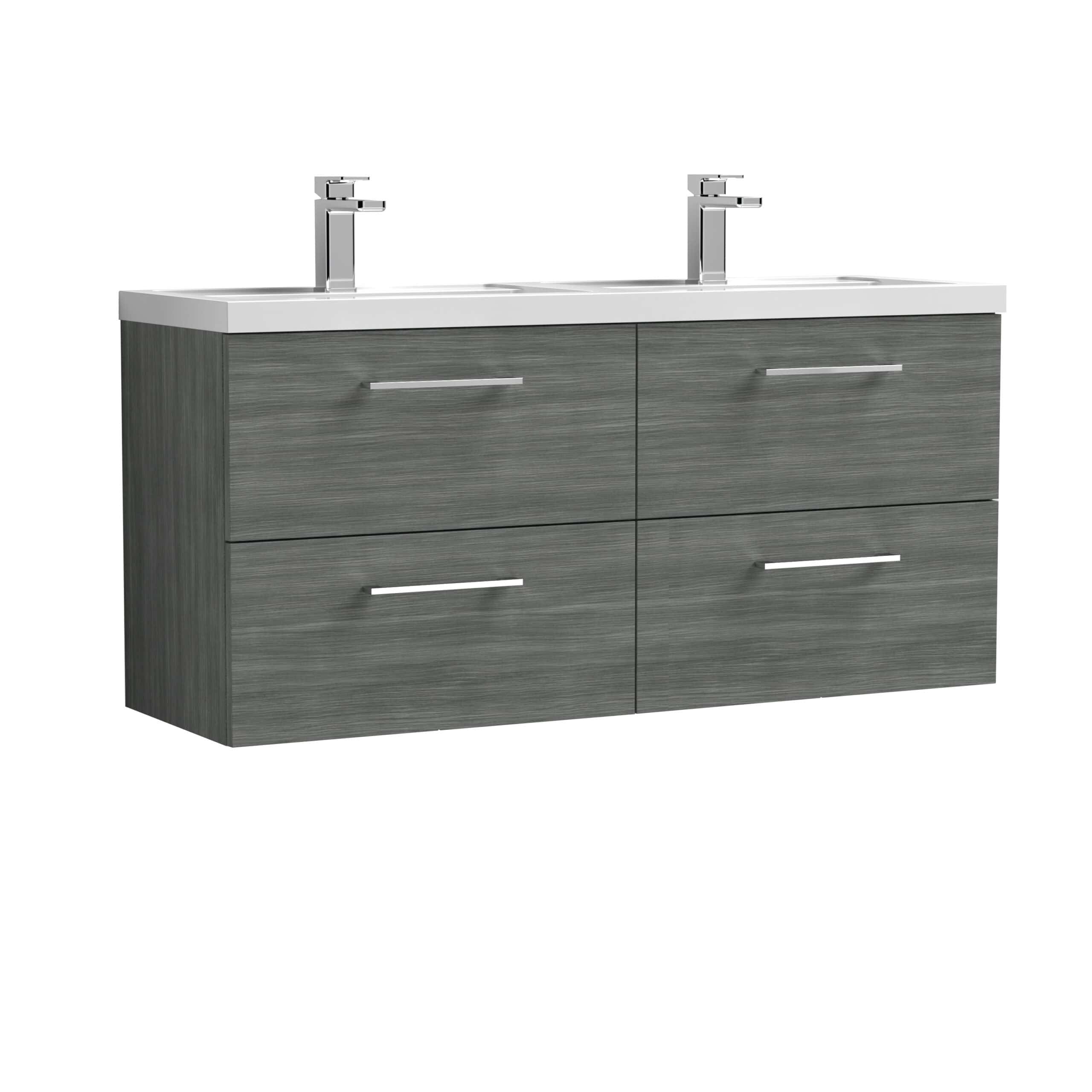 Modern grey double sink bathroom vanity with sleek chrome handles and two contemporary faucets, ideal for stylish bathroom renovations or upgrades.