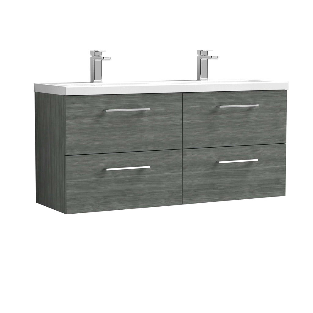 Modern grey double bathroom vanity with four drawers and two sinks, high-quality chrome faucets, ideal for stylish bathroom renovations, offers ample storage and contemporary design.