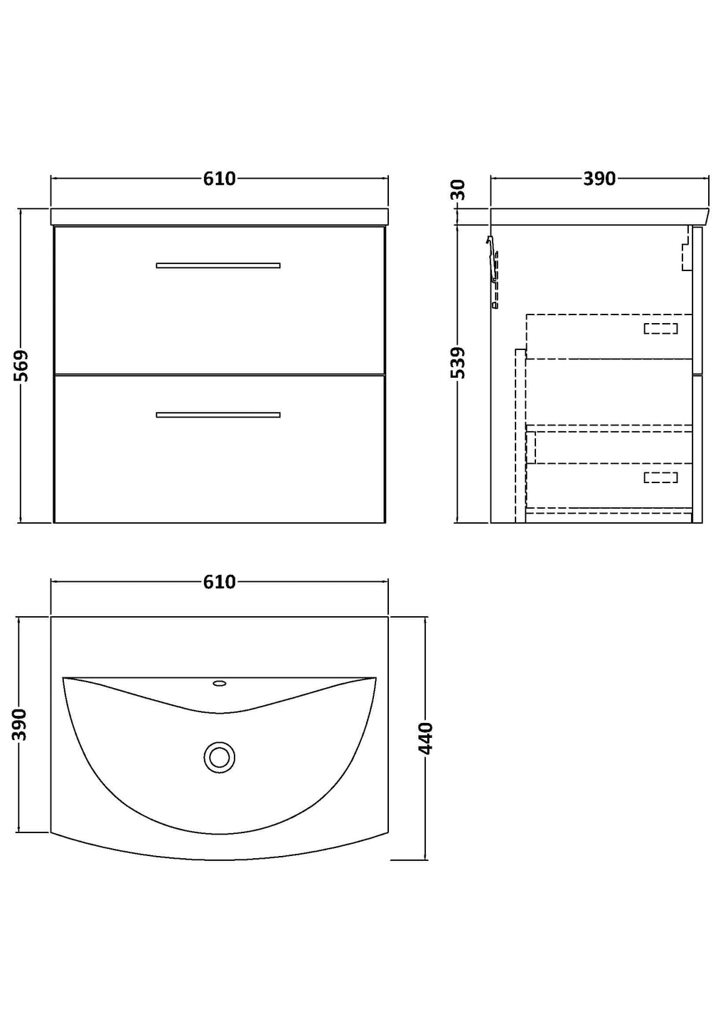 Sleek modern bathroom vanity with drawers, measuring 610mm wide and 569mm high, featuring a stylish design for contemporary Bubly bathrooms.