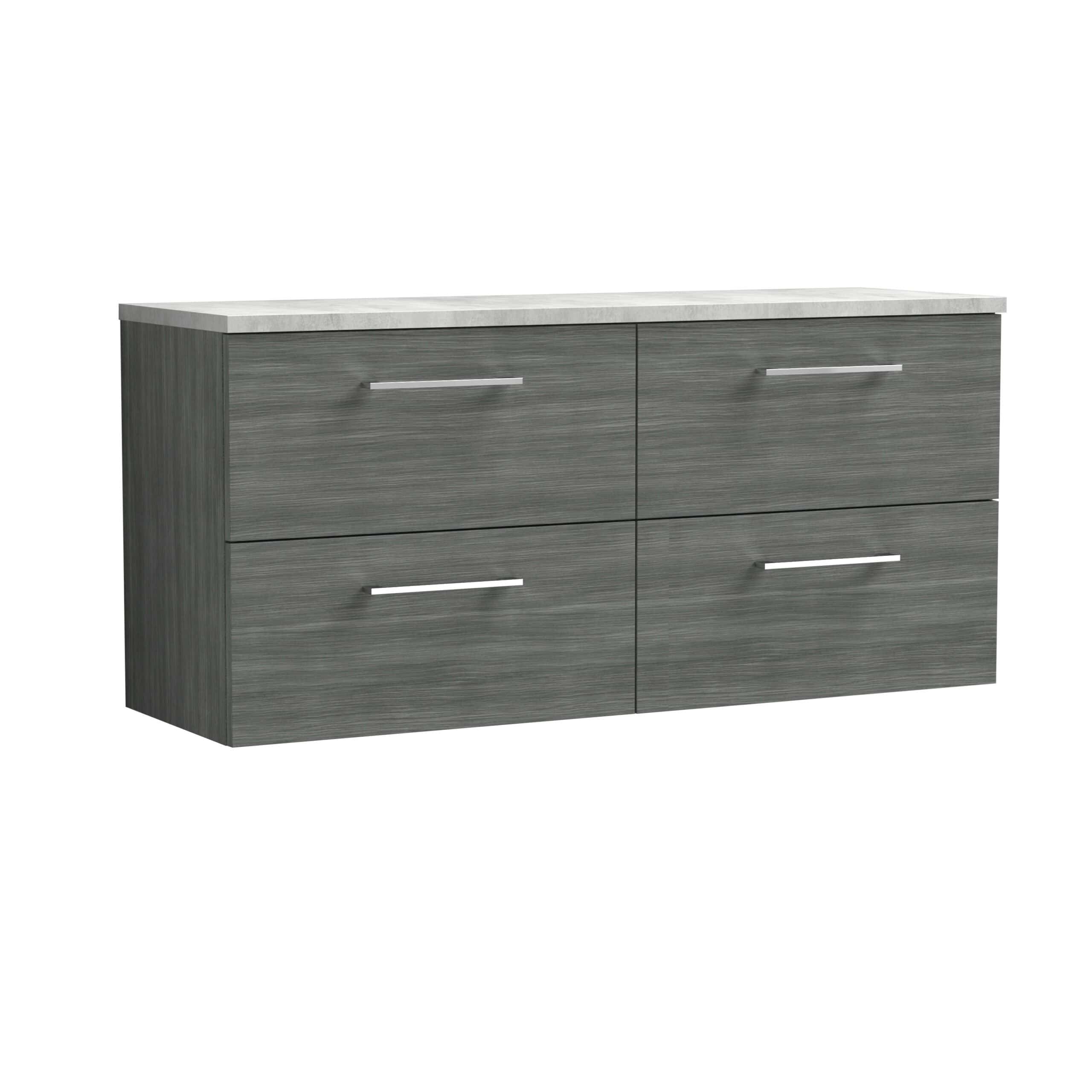 Modern grey bathroom vanity unit with a white marble top, featuring four spacious drawers and sleek silver handles, ideal for contemporary bathroom storage solutions.