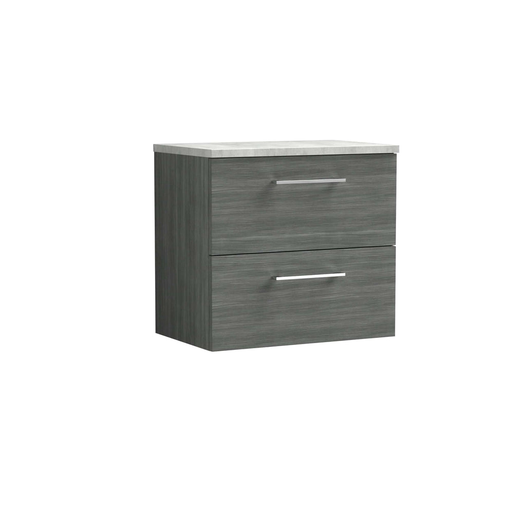 Contemporary grey bathroom vanity with sleek metal handles and a marble top, ideal for modern bathroom storage and organisation. Perfect for enhancing bathroom aesthetics and functionality.