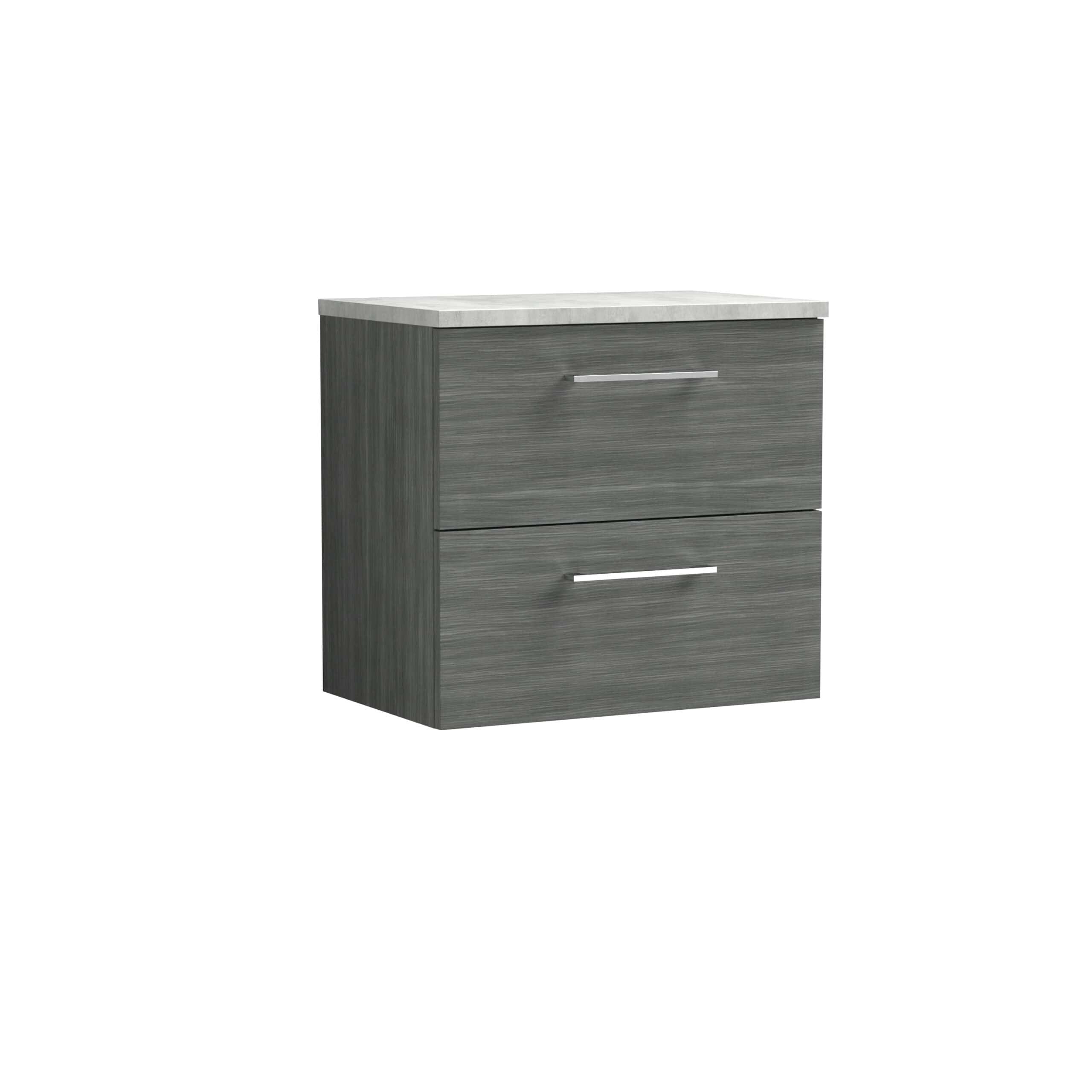 Contemporary grey bathroom vanity with sleek metal handles and a marble top, ideal for modern bathroom storage and organisation. Perfect for enhancing bathroom aesthetics and functionality.