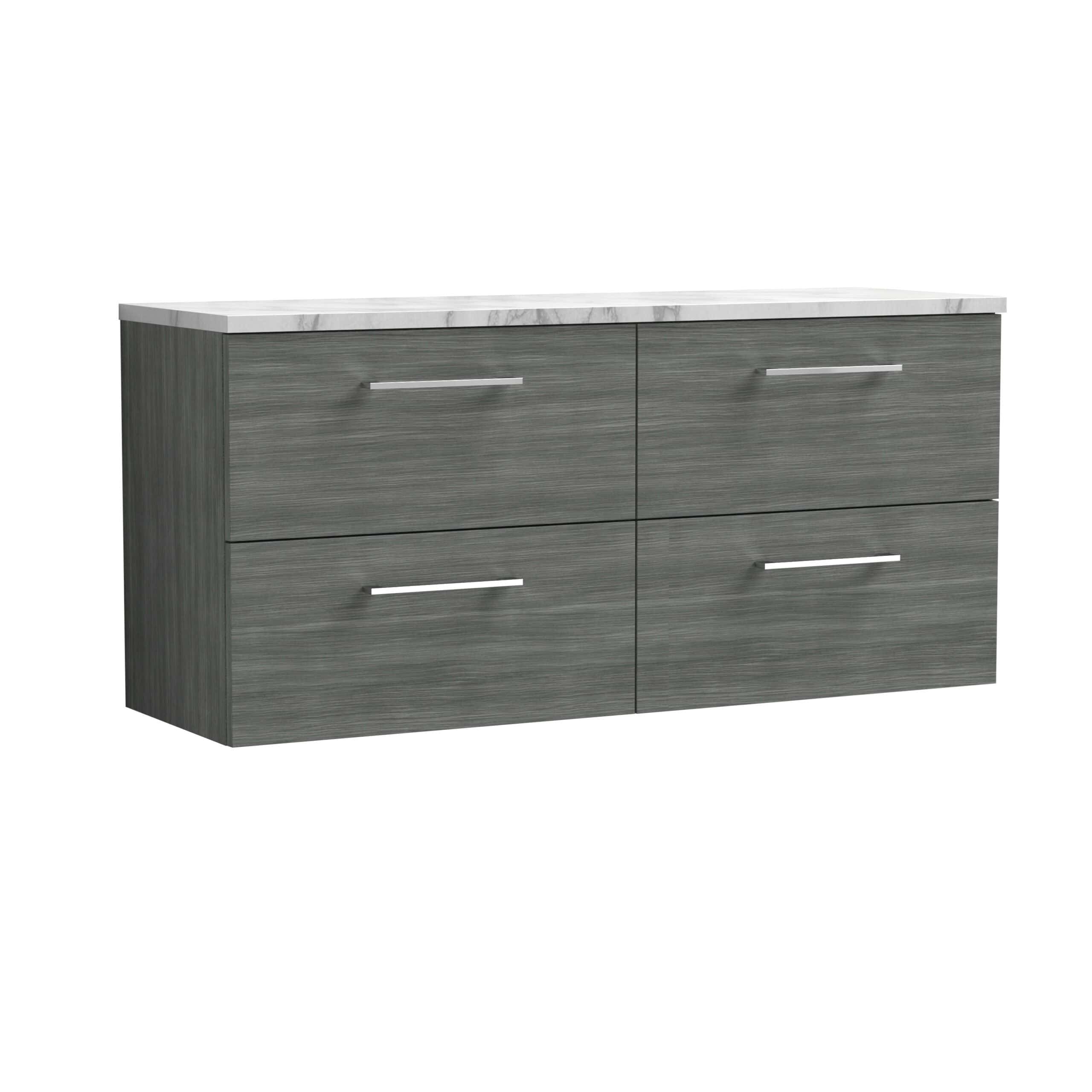 Sleek grey bathroom vanity unit with four drawers and a marble top, perfect for modern bathroom storage solutions. Designed for durability and style in contemporary bathrooms.