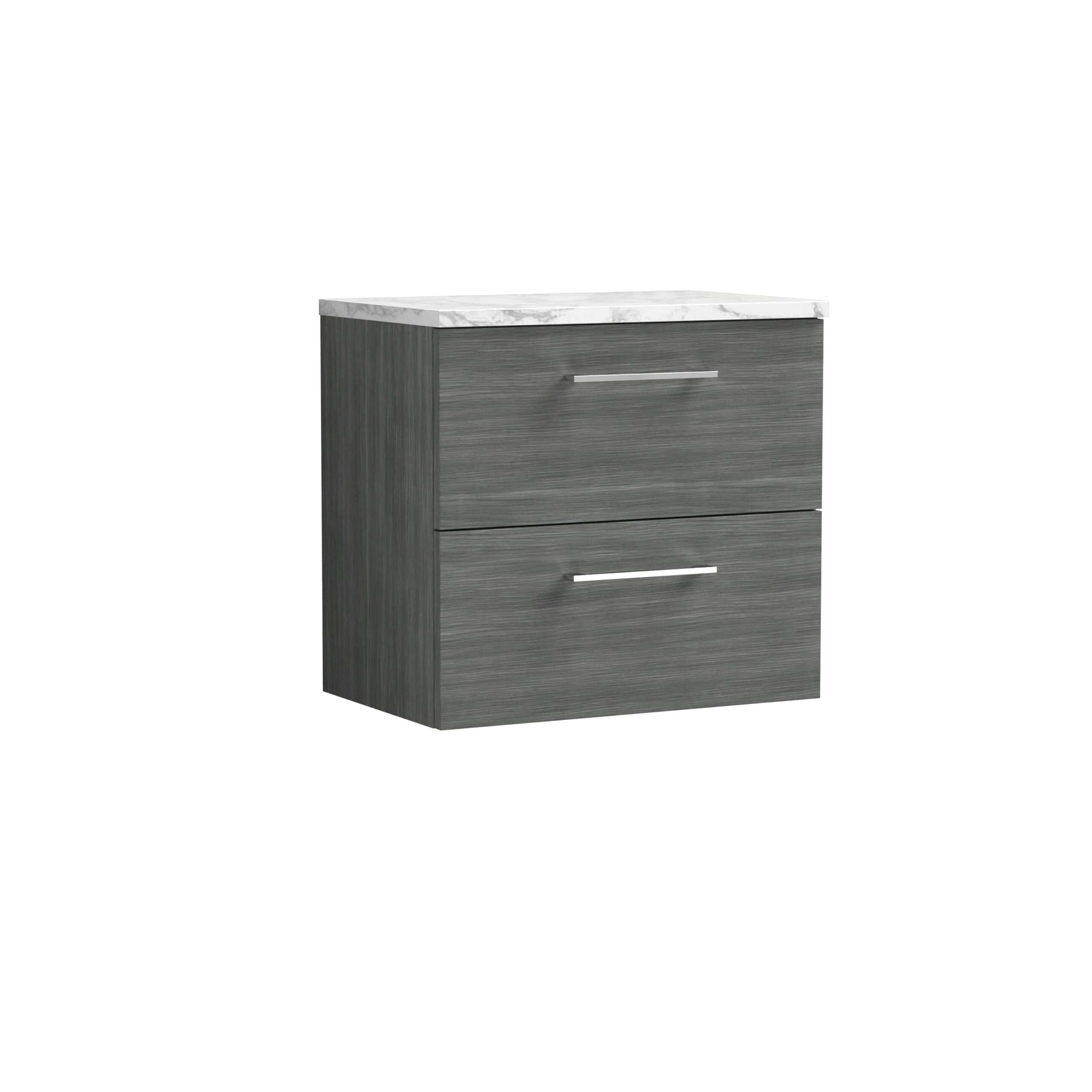 Modern grey bathroom vanity with marble top and sleek metal handles, ideal for contemporary bathroom updates.