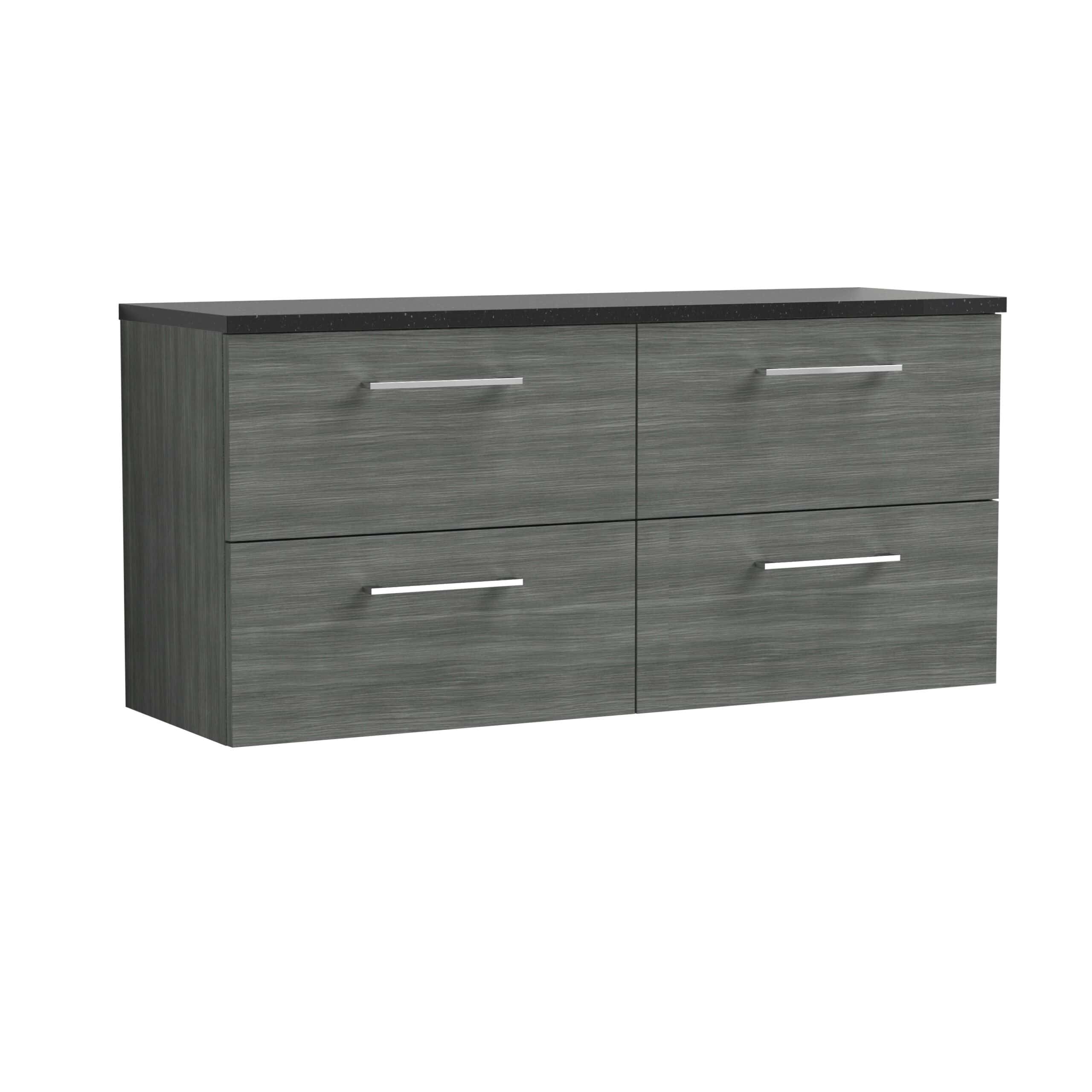 Modern grey bathroom vanity with sleek silver handles and black countertop, designed for stylish and functional bathroom storage. Ideal for contemporary bathroom remodels.