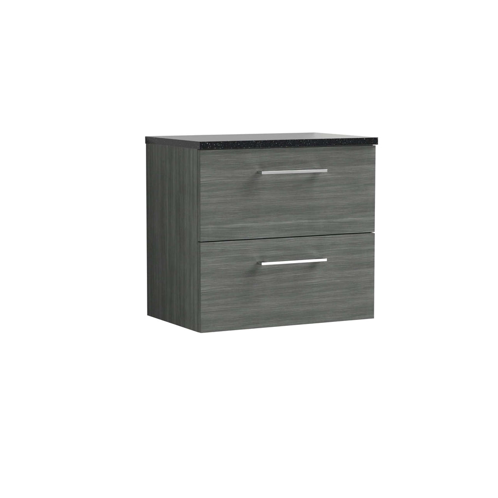 Sleek grey bathroom vanity unit with a black speckled top, modern handles, ample storage drawers, ideal for contemporary bathrooms, blending functionality with stylish design.
