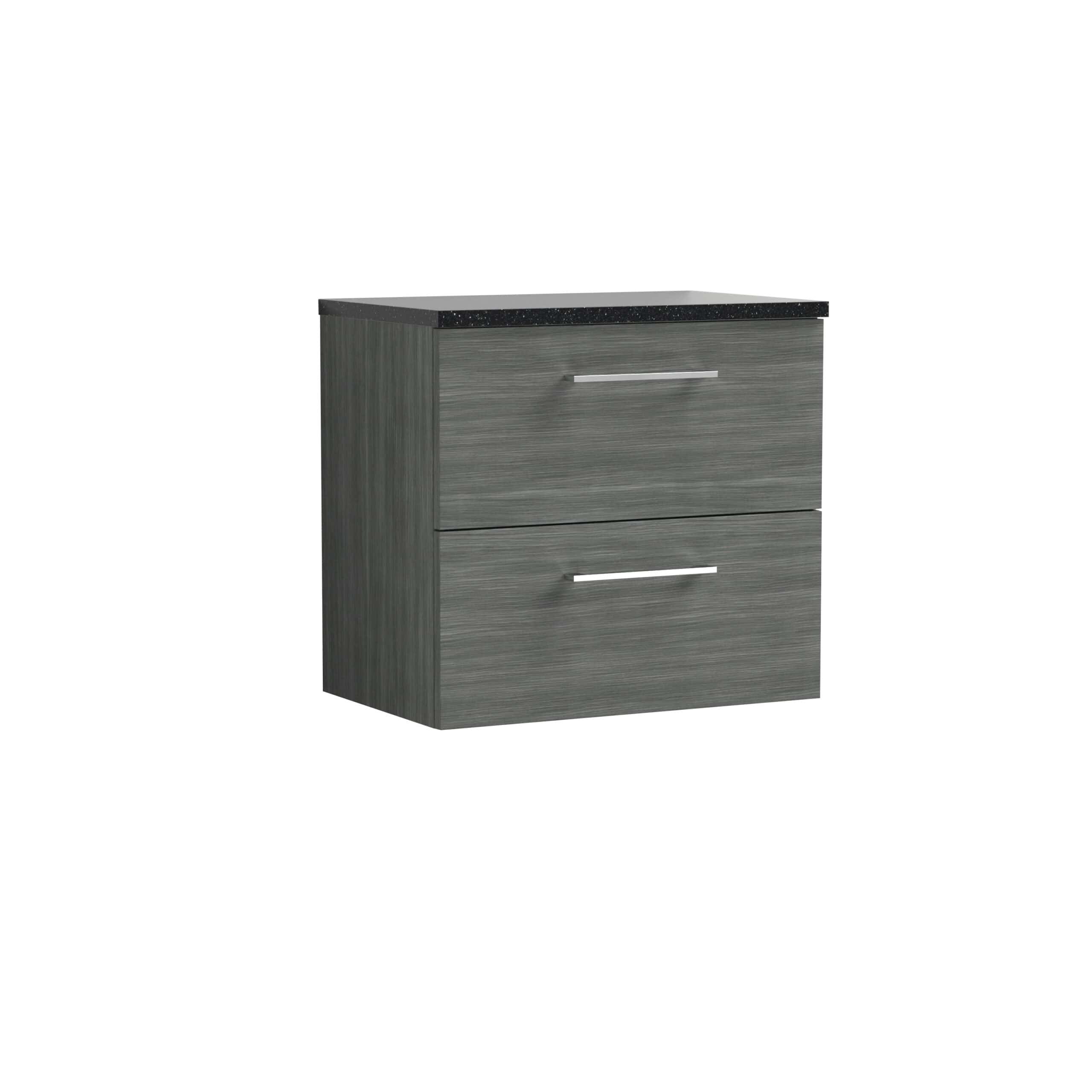 Sleek grey bathroom vanity unit with a black speckled top, modern handles, ample storage drawers, ideal for contemporary bathrooms, blending functionality with stylish design.