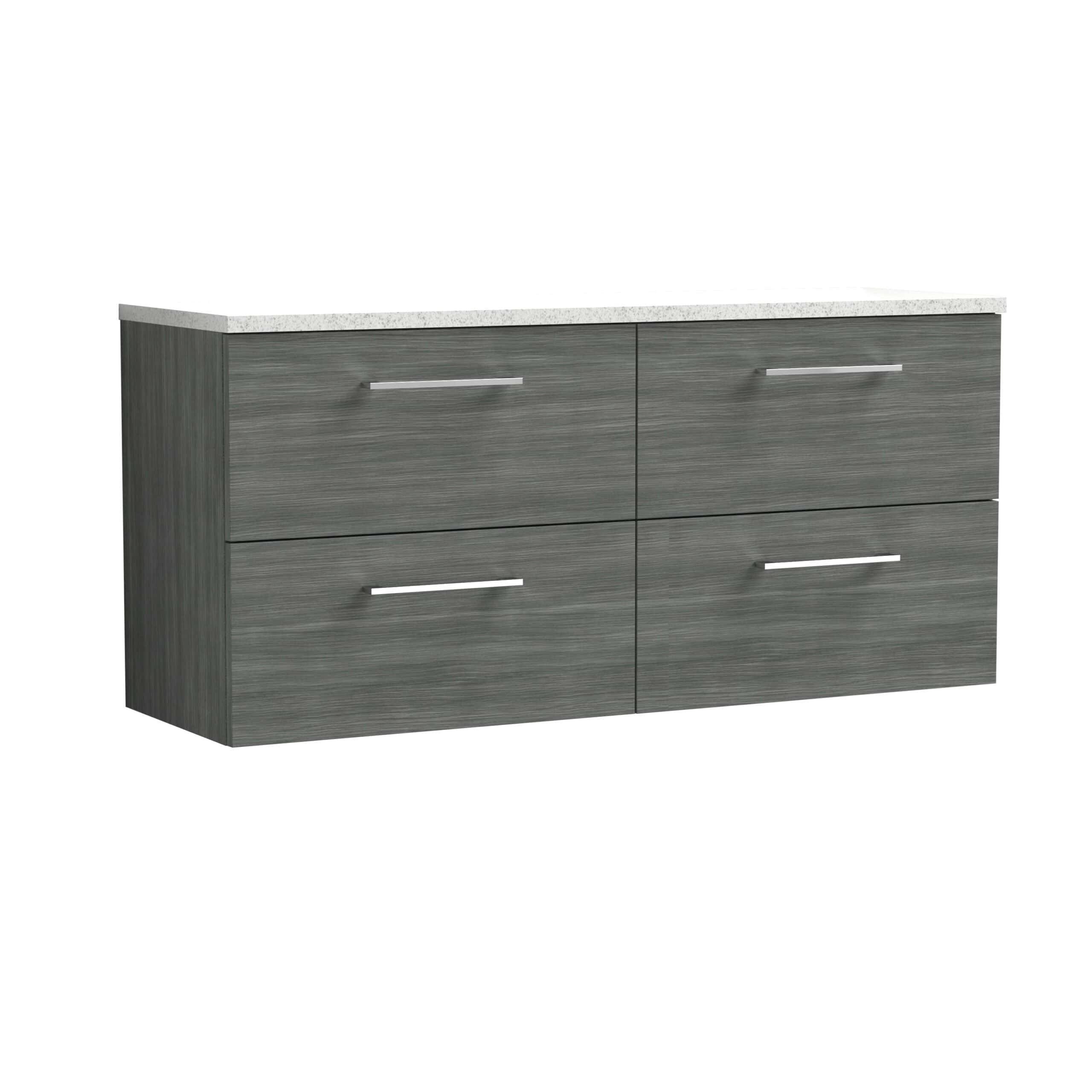 Modern grey bathroom vanity unit with 4 drawers and a white marble-effect countertop, designed for stylish and functional bathroom storage. Perfect for contemporary bathroom interiors.