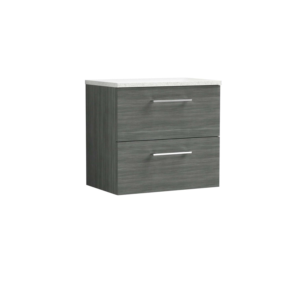 Modern grey bathroom vanity with a white stone-effect countertop, featuring sleek silver handles for contemporary bathroom storage solutions.