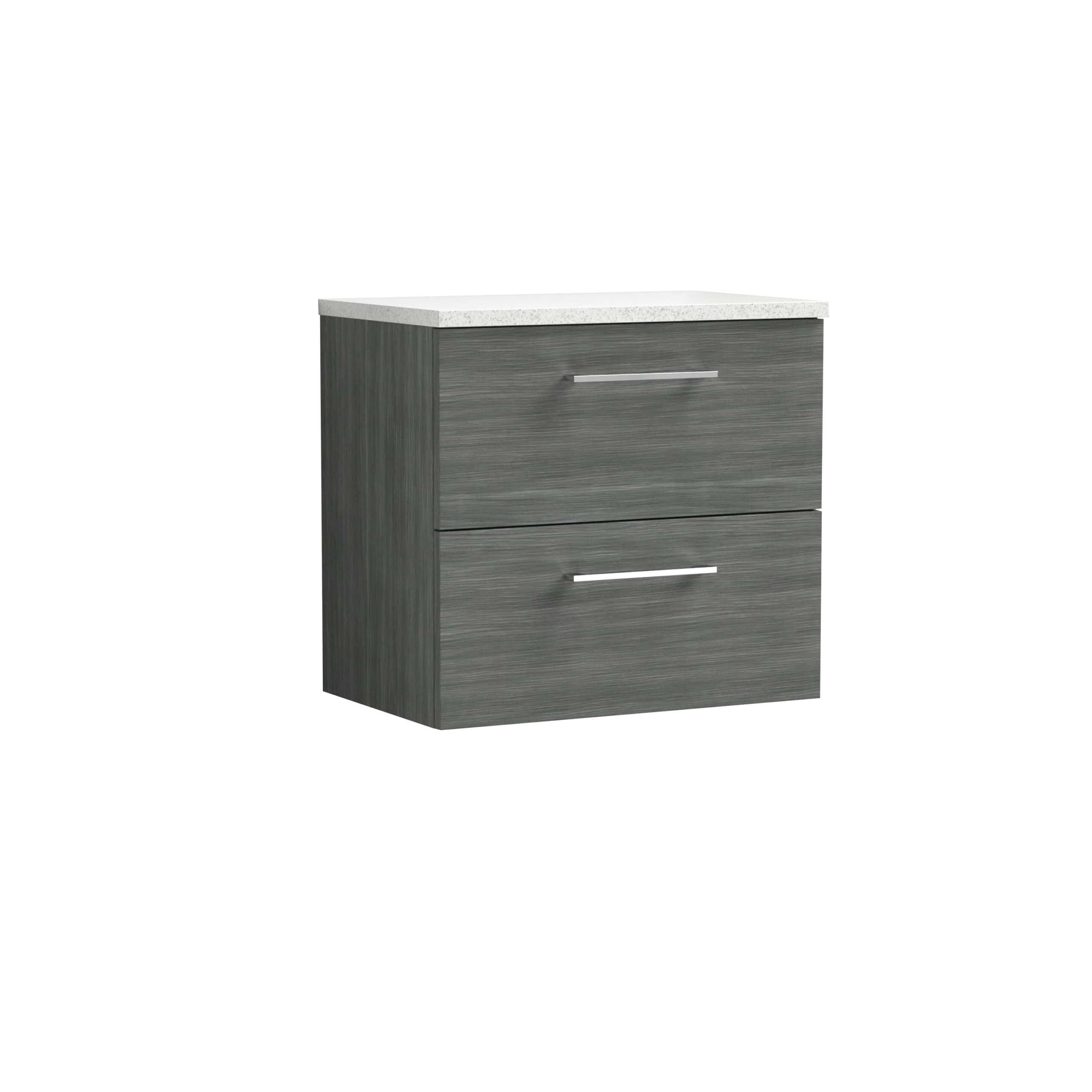 Modern grey bathroom vanity with a white stone-effect countertop, featuring sleek silver handles for contemporary bathroom storage solutions.