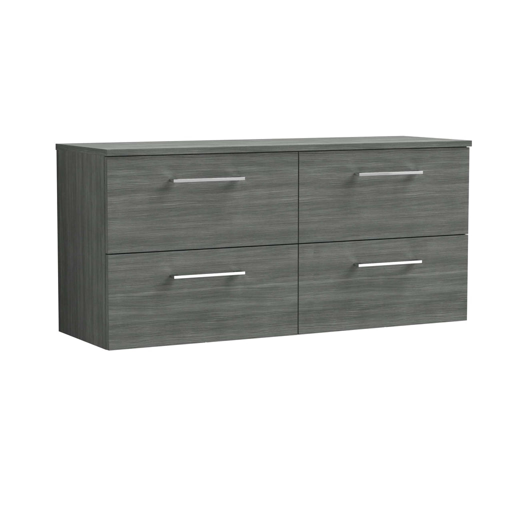 Sleek grey bathroom storage unit with four drawers and modern silver handles, ideal for organising bathroom essentials.