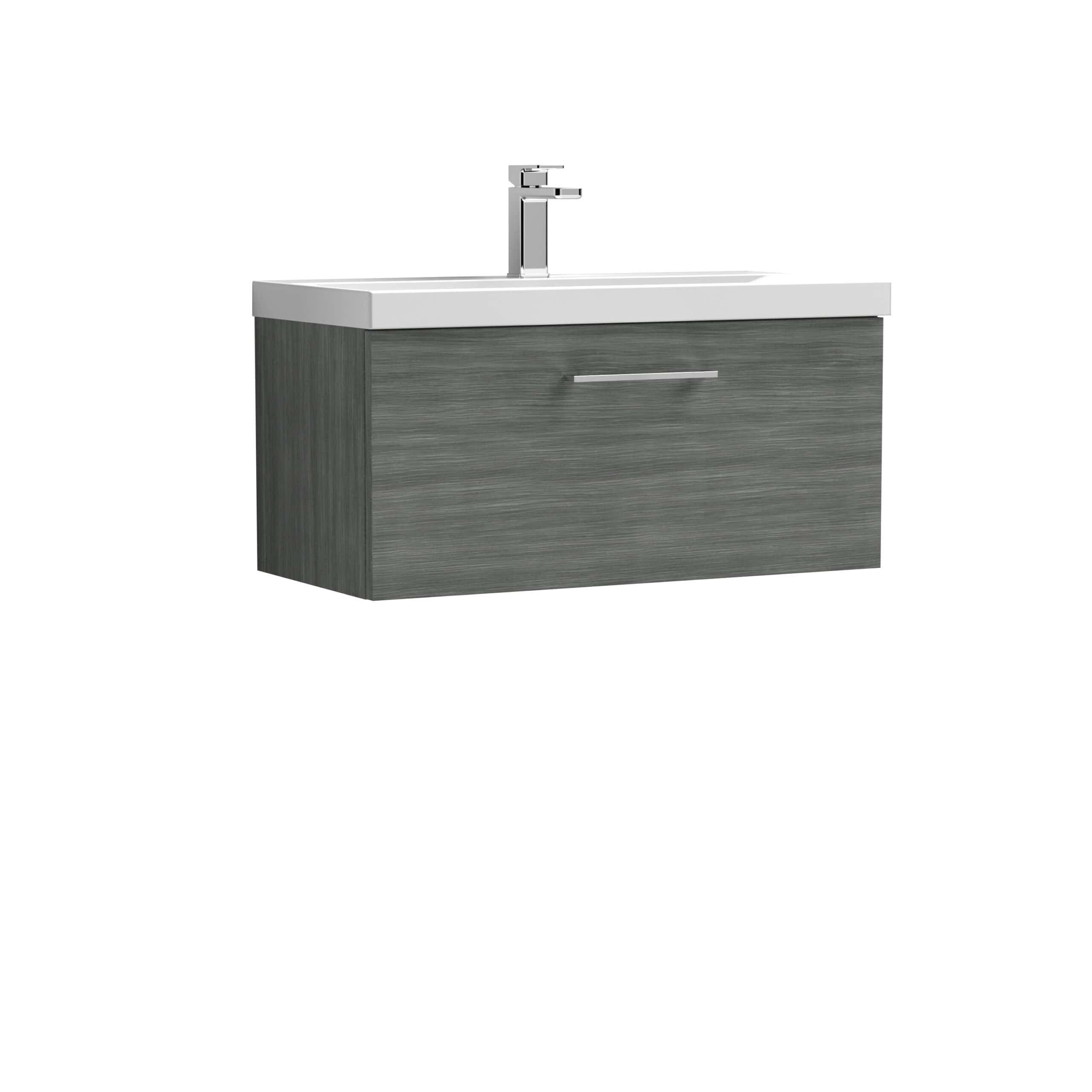 Modern grey bathroom vanity unit with integrated sink and chrome handle for contemporary bathroom designs. Featuring sleek, minimalist style and durable wood finish.