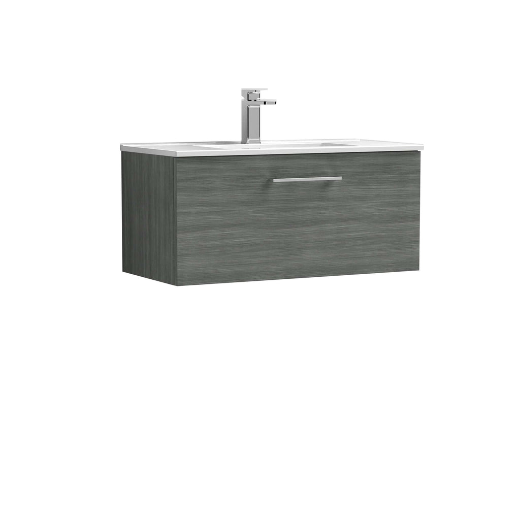 Modern grey bathroom vanity unit with integrated sink and sleek chrome handle for stylish bathroom storage. Perfect for contemporary bathroom designs and practical use.