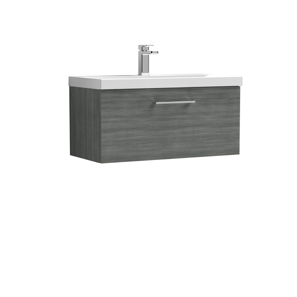 Modern grey bathroom vanity unit with integrated sink and chrome tap, ideal for contemporary bathroom designs.