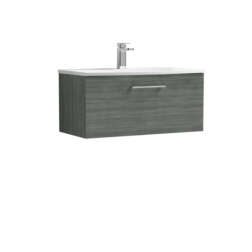 Modern grey bathroom vanity with integrated sink and chrome faucet, ideal for contemporary bathroom designs and storage solutions.