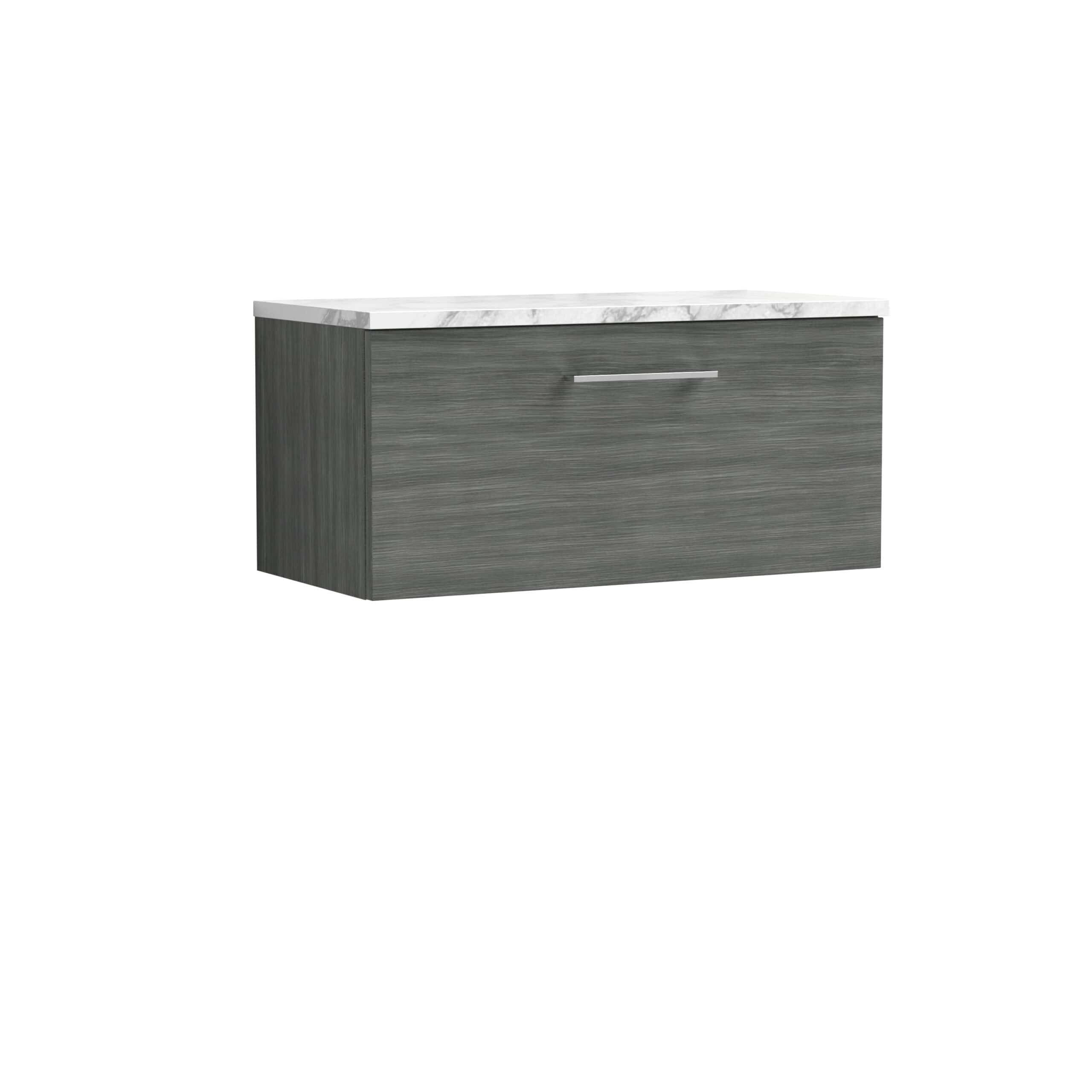 Sleek modern bathroom vanity with grey wood finish and white marble countertop, ideal for contemporary bathroom decor.