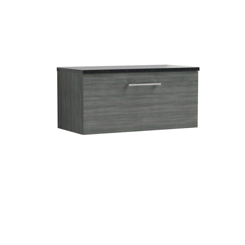 Modern grey bathroom wall cabinet with black countertop and sleek silver handle for stylish bathroom storage.