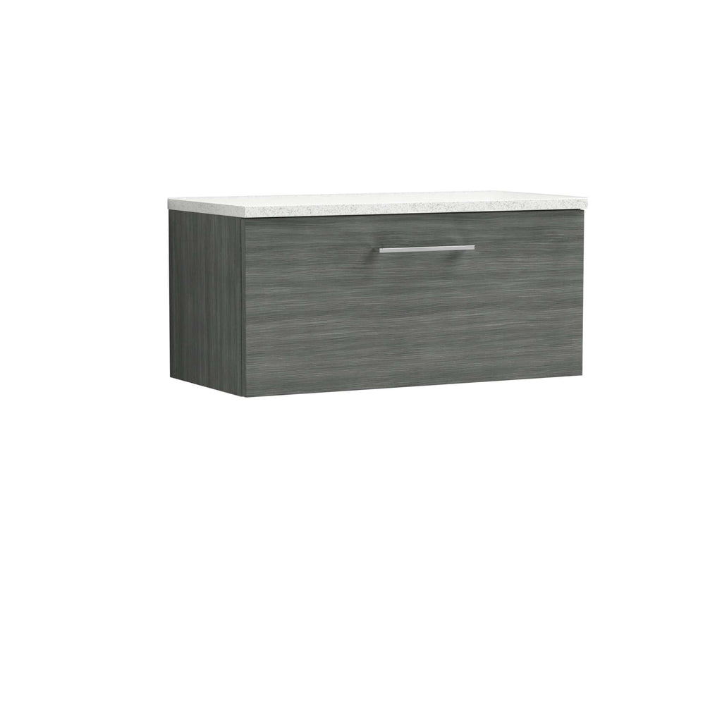 Modern grey bathroom vanity with a sleek handle and white countertop, ideal for contemporary bathroom decor. Durable finish, spacious storage, perfect for organising bathroom essentials.