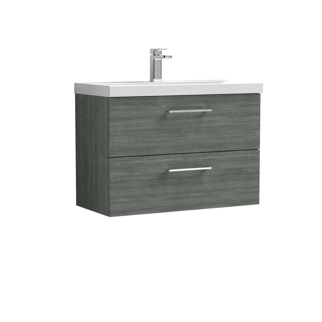 Modern grey bathroom vanity unit with white countertop and chrome handle, ideal for contemporary bathroom decor.