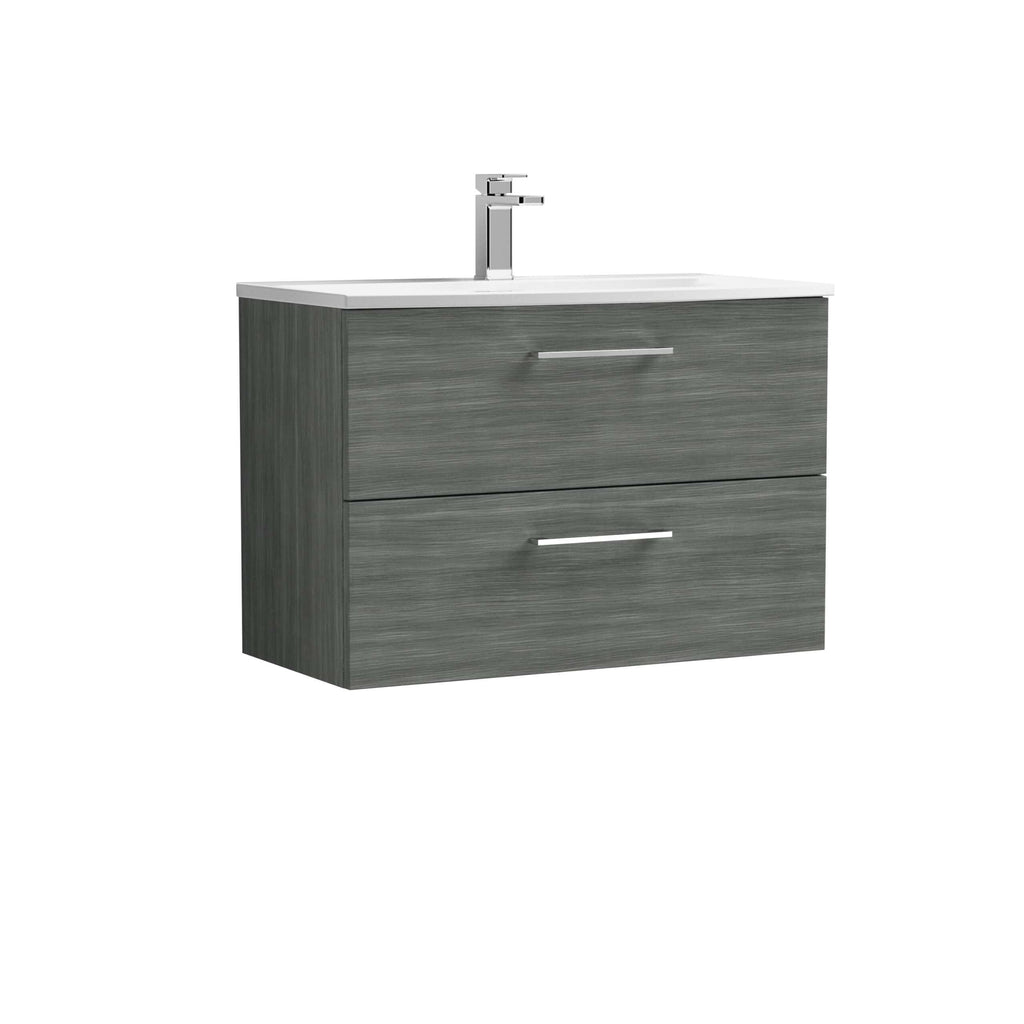 Sleek grey bathroom vanity with integrated sink, modern chrome handles, and two spacious drawers, perfect for contemporary bathroom storage and style.
