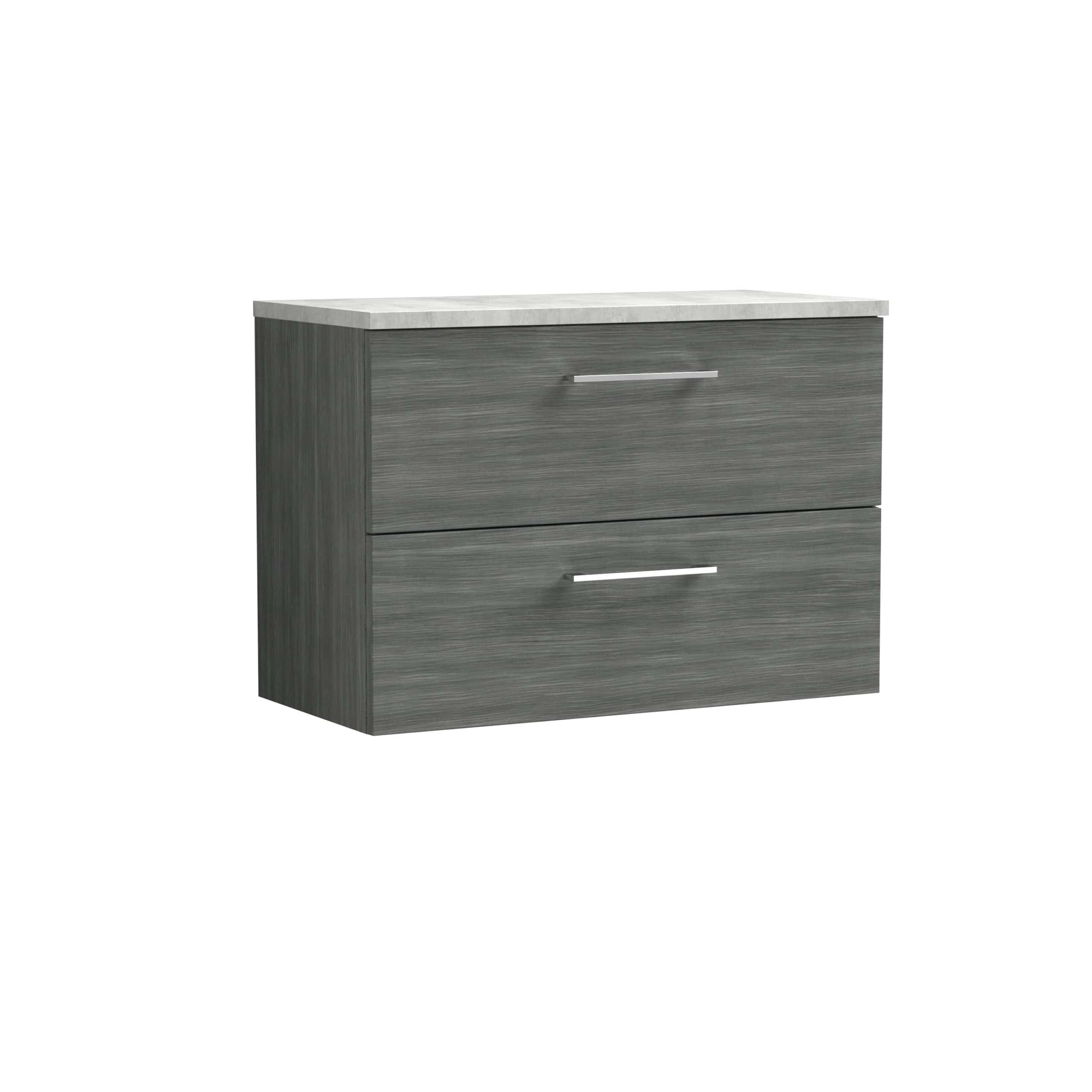 Modern grey bathroom vanity unit with marble top and sleek metal handles, ideal for contemporary bathroom storage solutions.